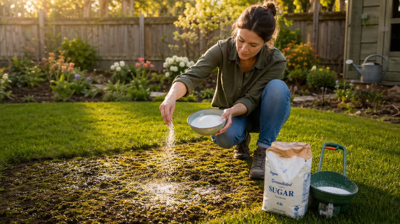 Mulher adulta a espalhar açúcar sobre relva danificada no jardim durante o pôr do sol.