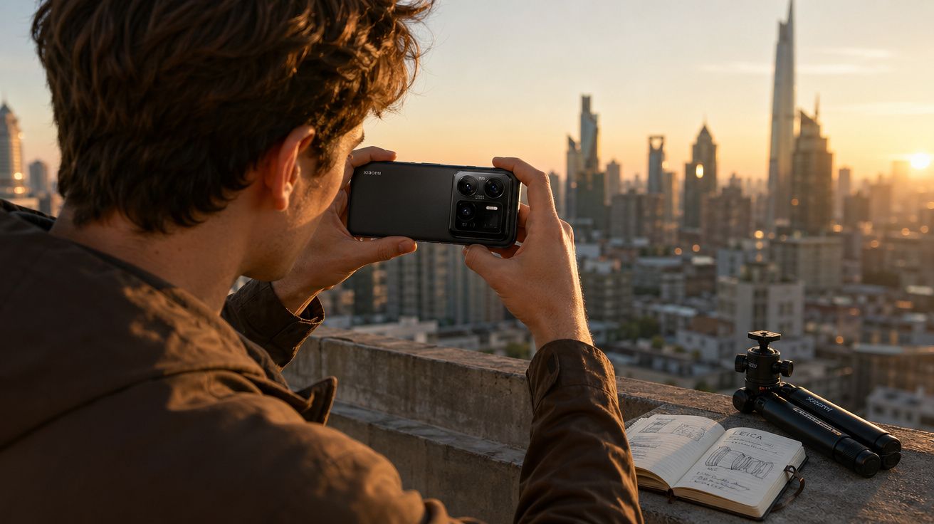 Homem a tirar foto da cidade ao pôr do sol com smartphone Xiaomi, tripé e livro aberto na parede.