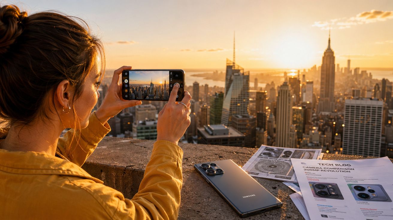 Mulher tira foto ao pôr do sol da cidade de Nova Iorque com smartphone apoiado num muro, ao lado de outro telemóvel e folhas.