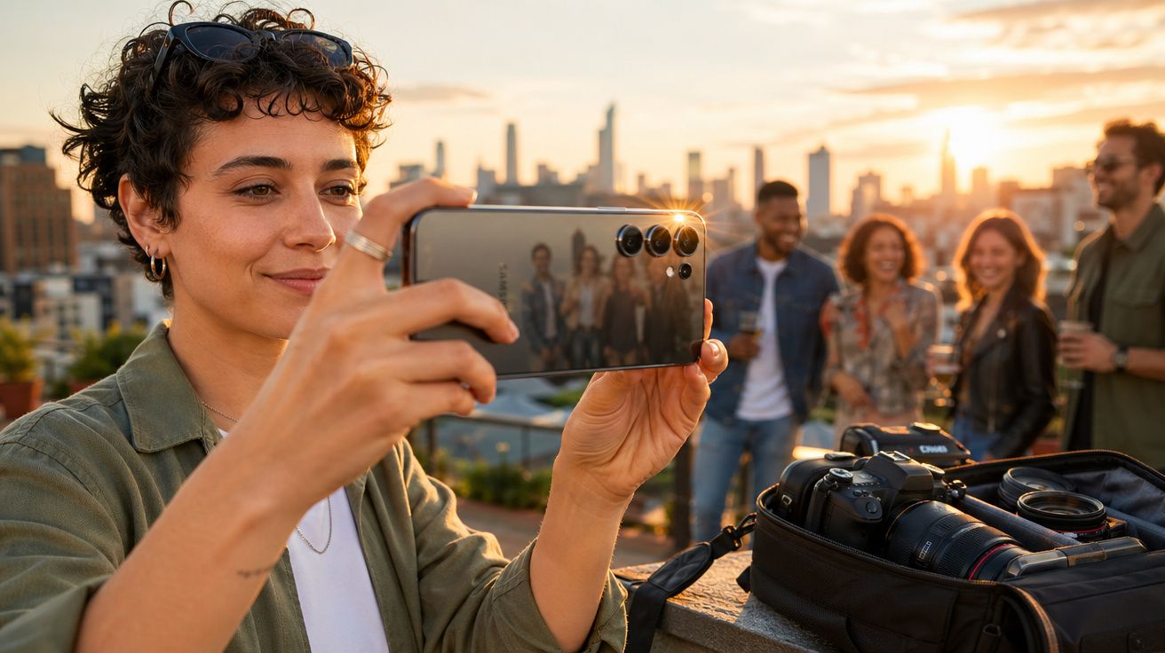 Pessoa a tirar fotografia com smartphone de grupo de amigos num terraço ao pôr do sol.