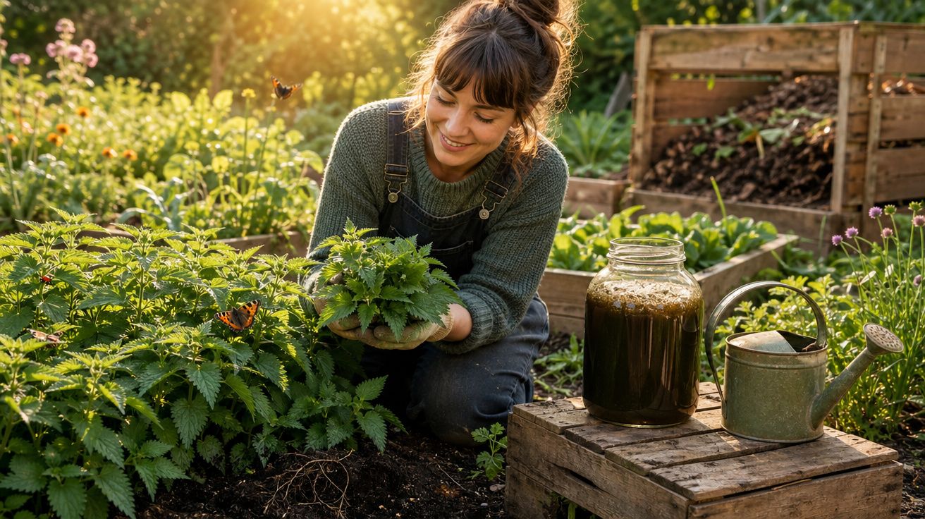 Jovem a trabalhar numa horta, colhendo plantas com regador e jarro com líquido em madeira ao lado.