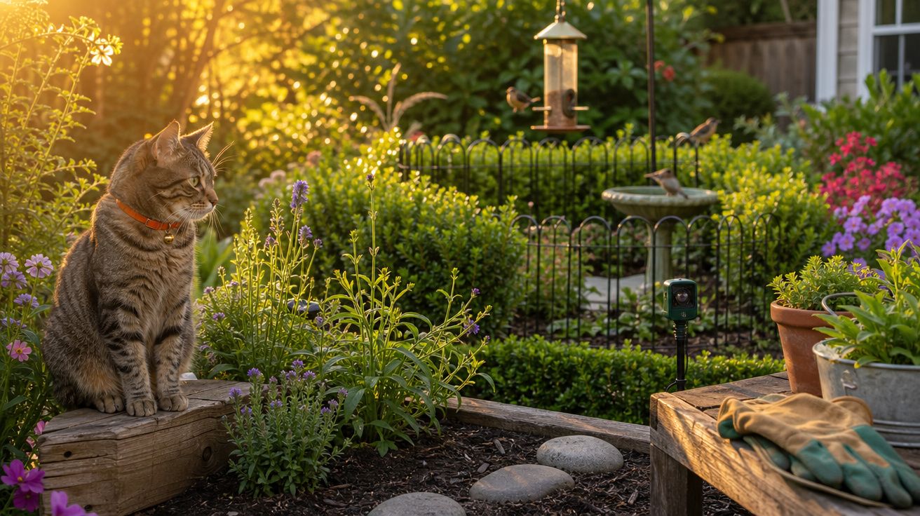 Gato castanho sentado num jardim florido ao pôr do sol, próximo de um comedouro para pássaros e luvas num banco.