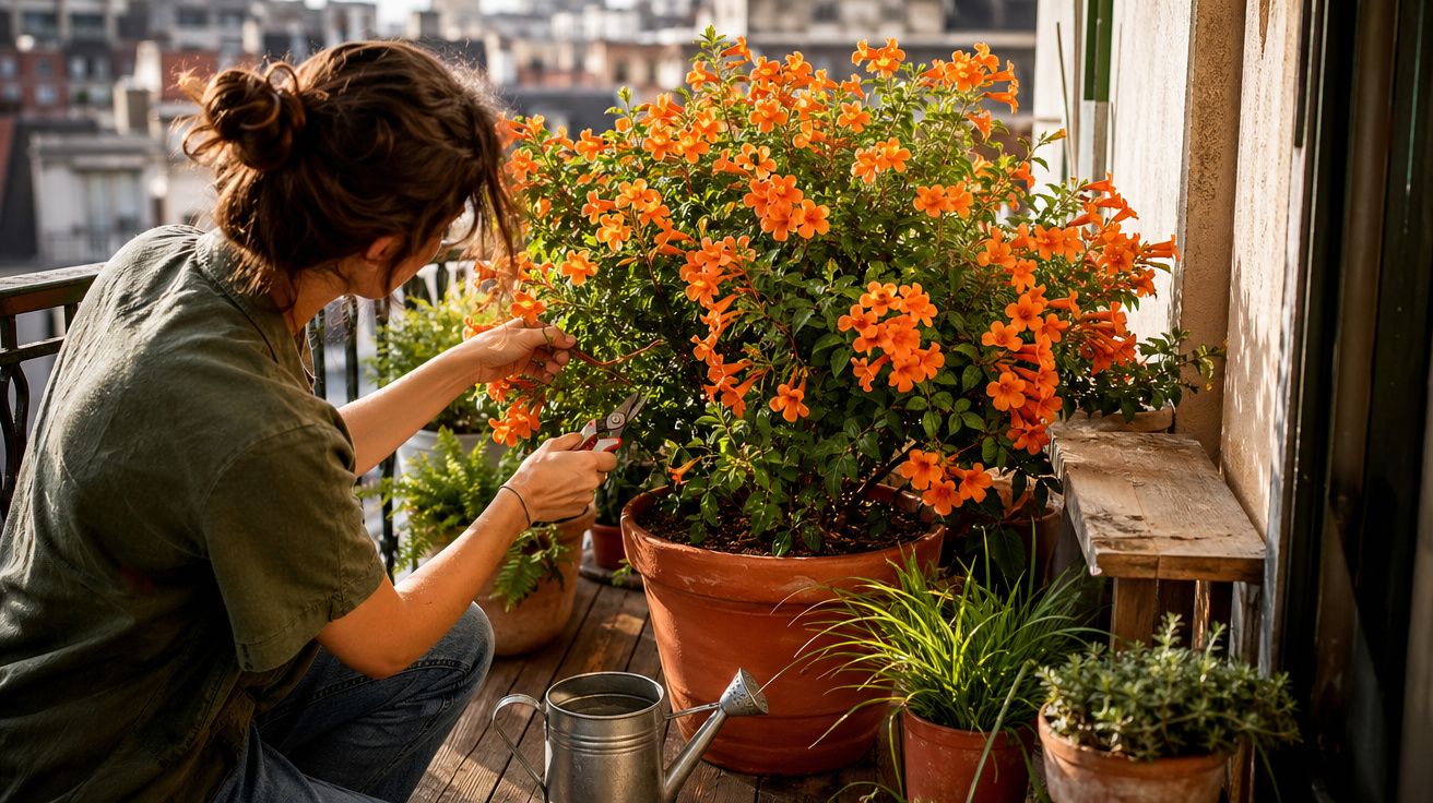 Mulher cuida de flores laranja num vaso grande numa varanda ensolarada com vista para cidade.