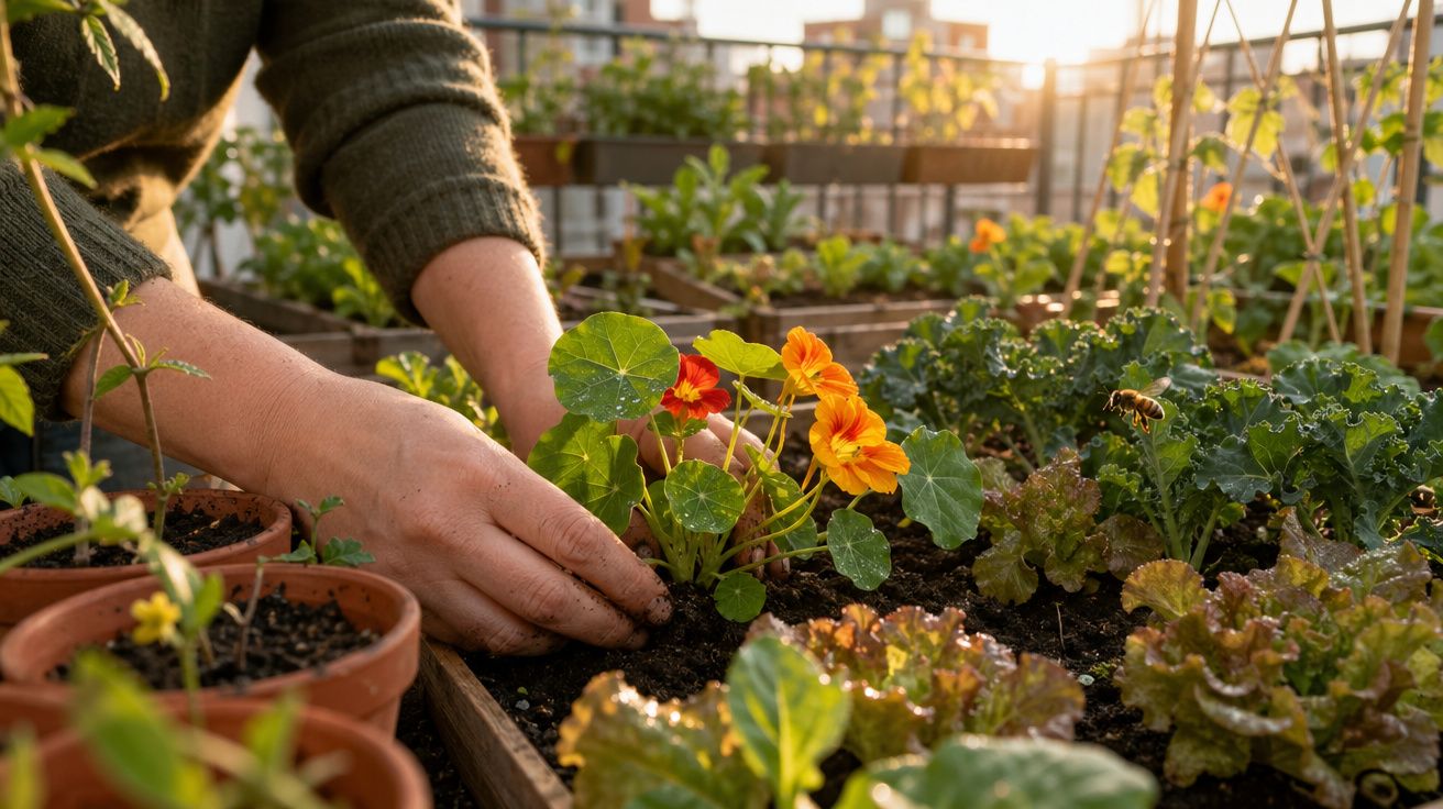 Mãos de pessoa a plantar flores laranjas no solo de uma horta urbana ao pôr do sol.