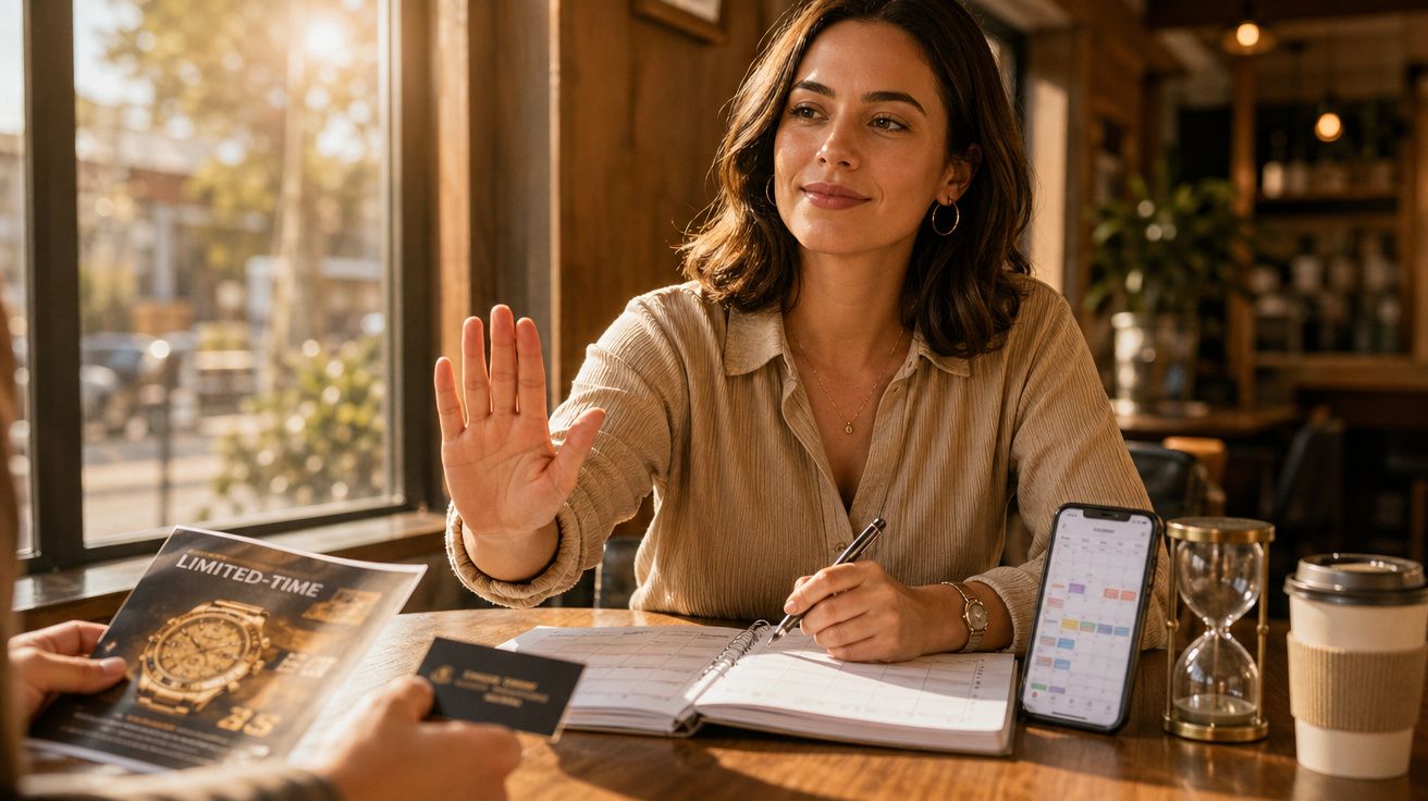 Mulher sentada numa mesa a recusar oferta de relógio, com agenda aberta e telemóvel à frente.
