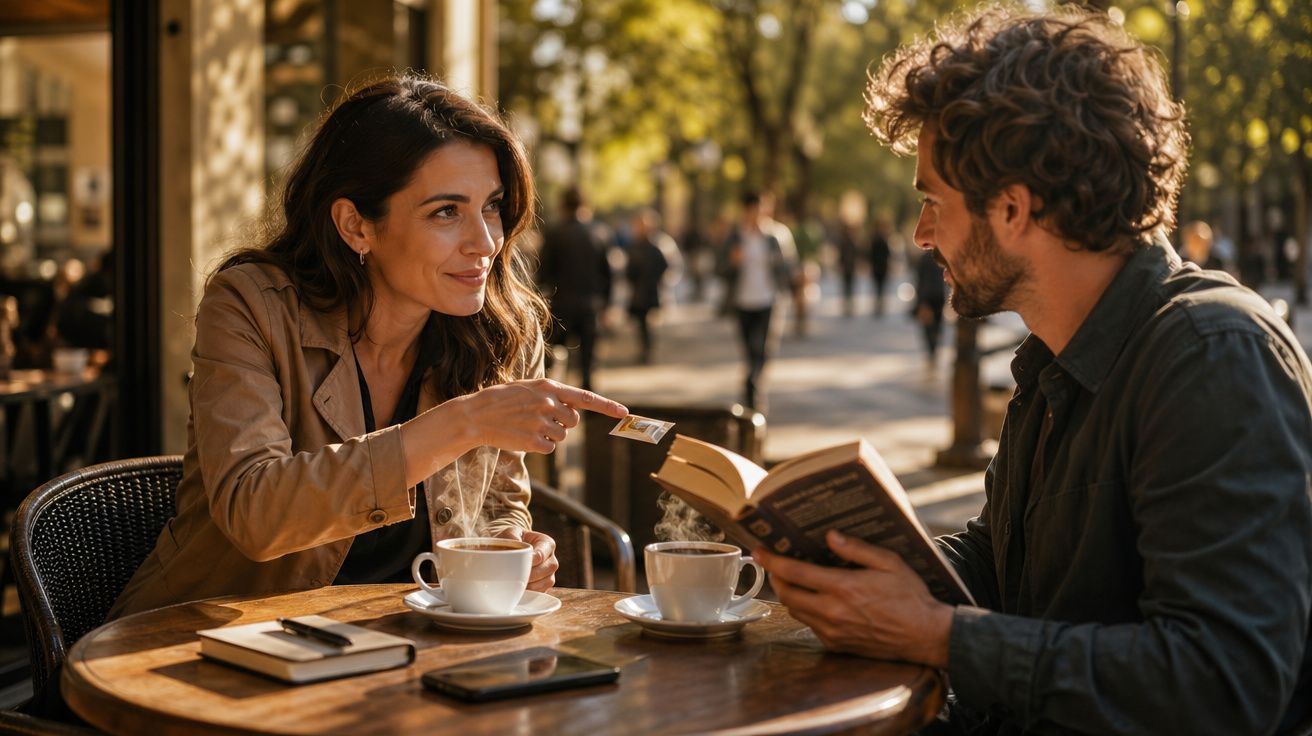 Mulher adiciona adoçante ao café enquanto conversa com homem que lê livro num café ao ar livre.