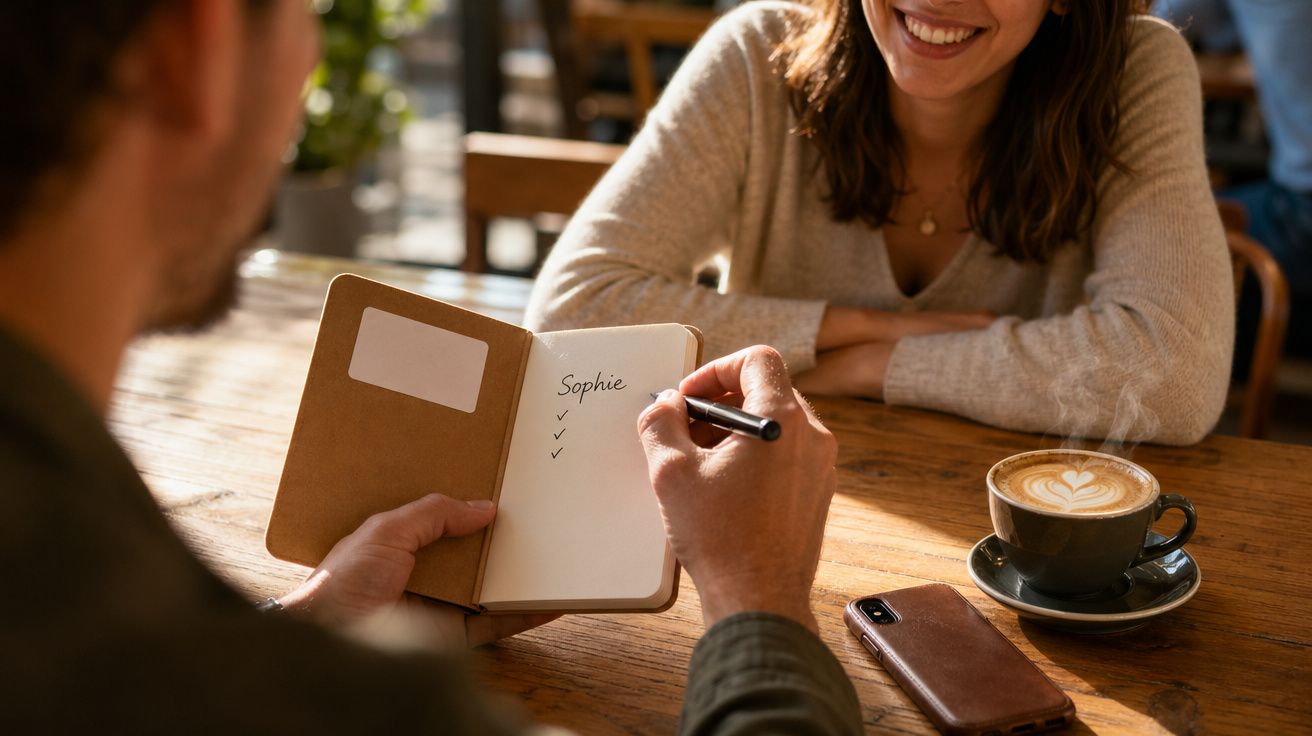 Pessoa a escrever num caderno o nome "Sophie" com uma caneca de café e um telemóvel numa mesa de madeira.
