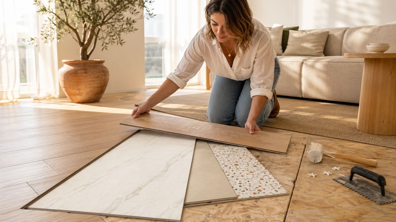 Mulher a instalar pavimento flutuante numa sala bem iluminada, com várias opções de revestimentos no chão.