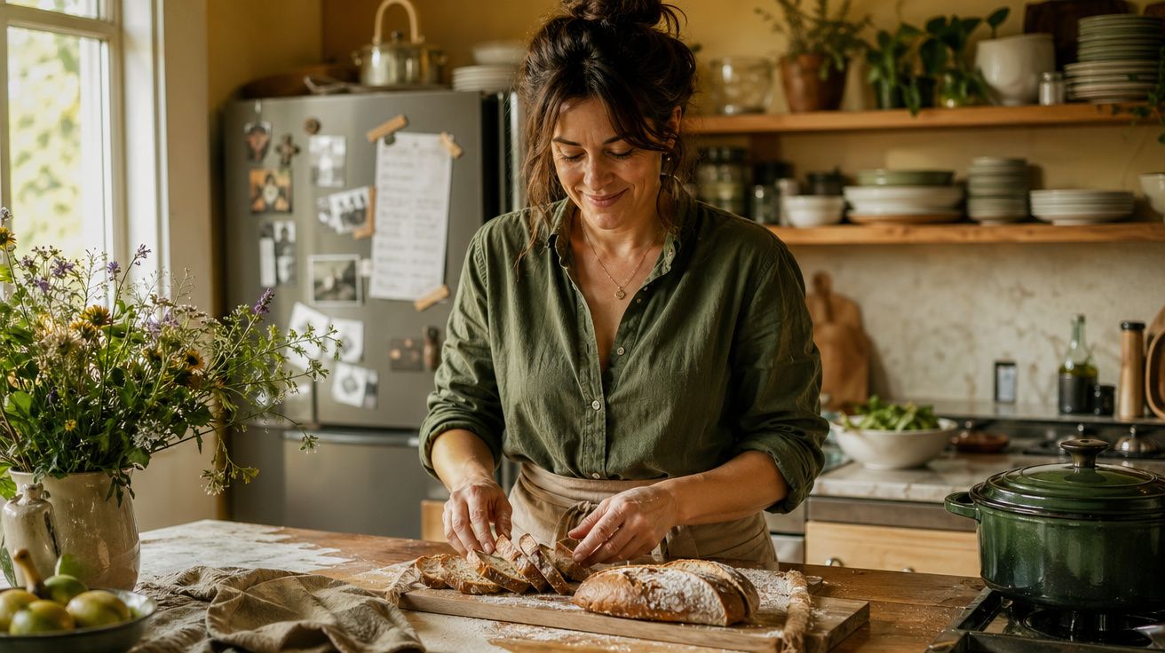 Mulher a cortar pão numa cozinha rústica com luz natural e decoração acolhedora.