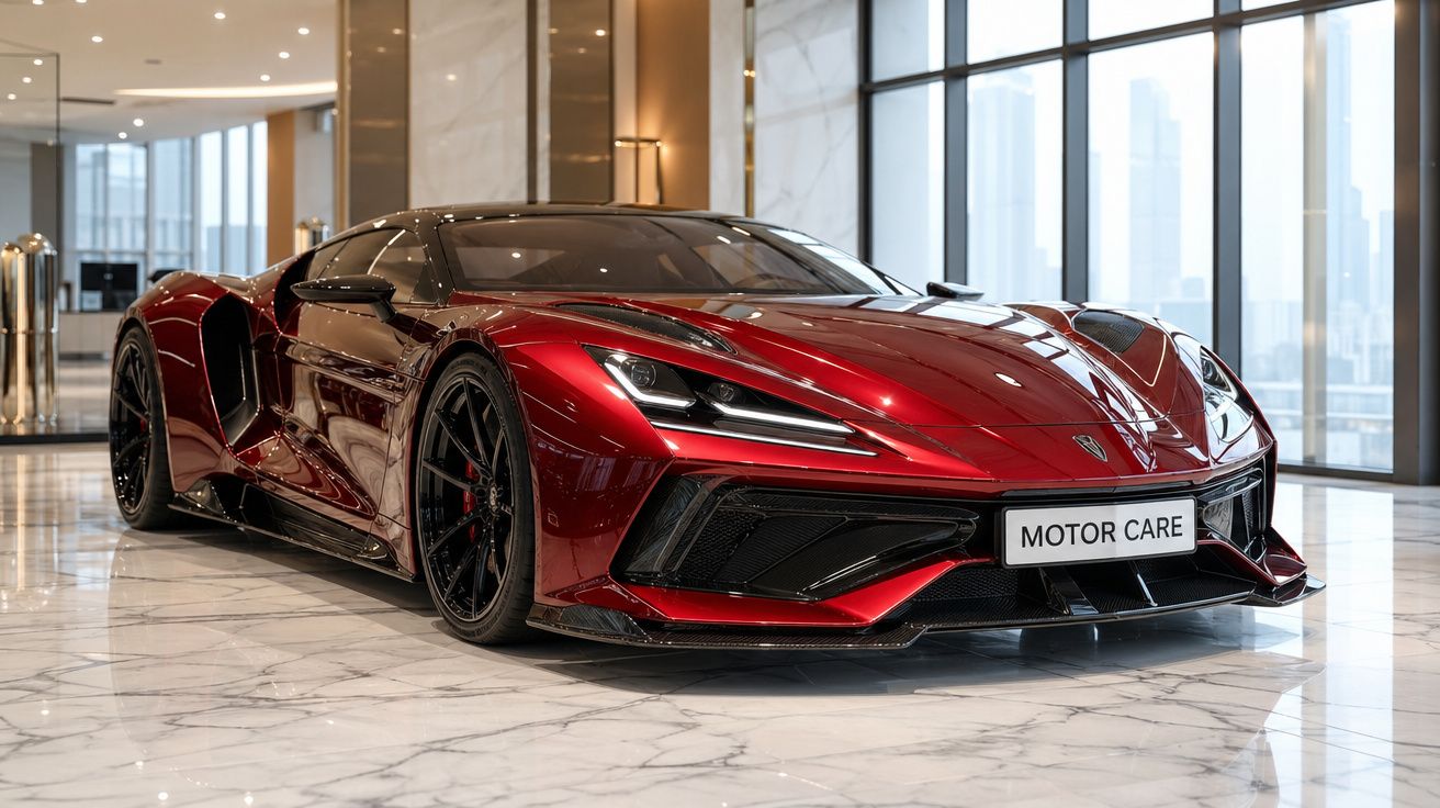 Carro desportivo vermelho brilhante com design moderno estacionado em piso de mármore dentro de edifício com grandes janelas.