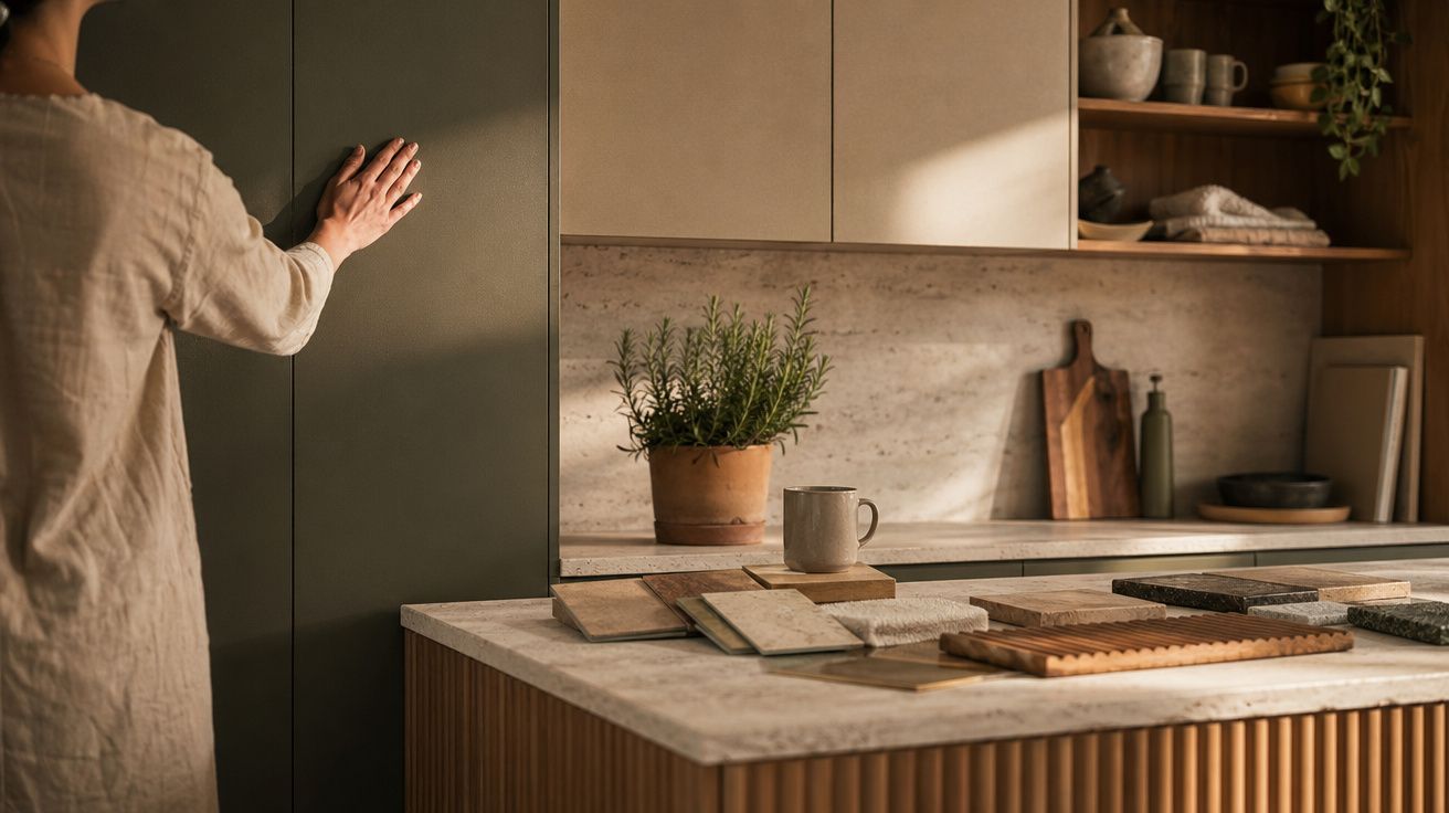 Pessoa a abrir armário de cozinha moderna com bancada e amostras de materiais numa decoração minimalista.