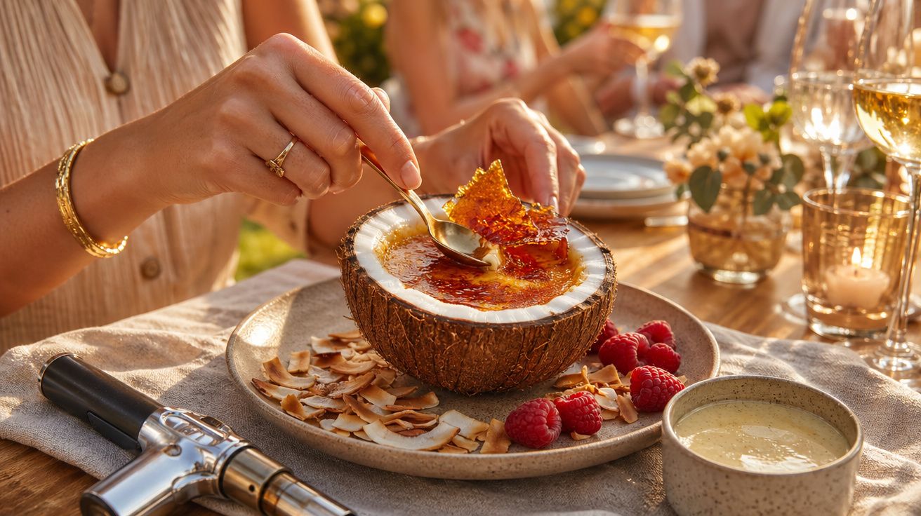 Pessoa a partir a crosta de açúcar de uma sobremesa cremosa servida numa meia casca de côco com framboesas e lascas de côco.