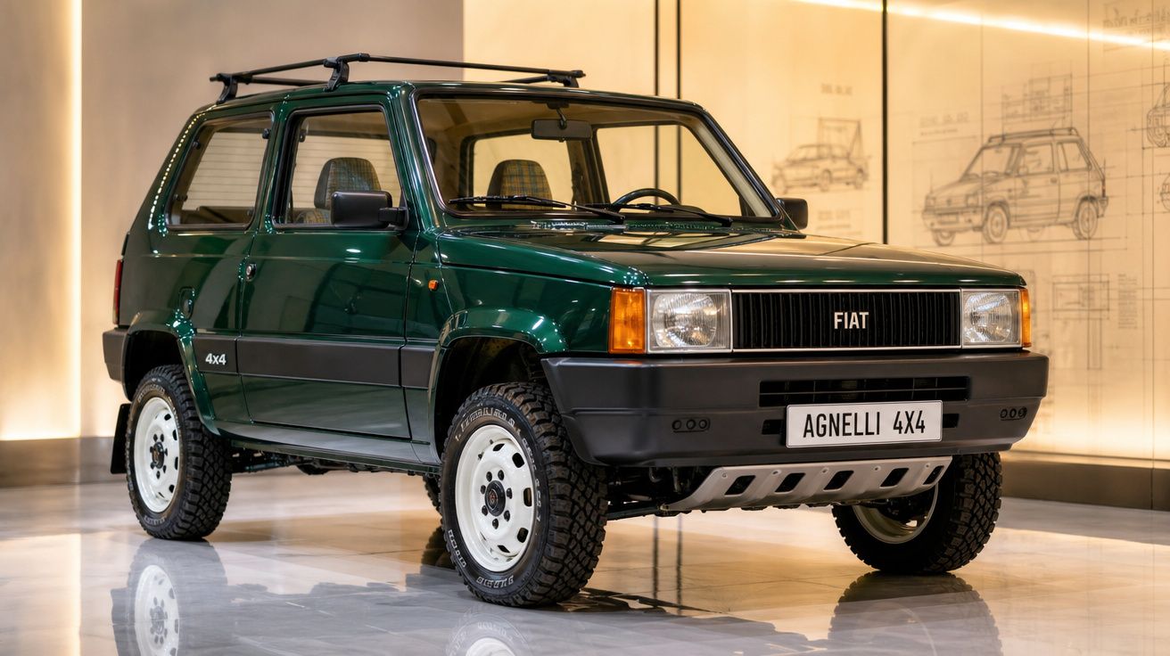 Carro todo-o-terreno Fiat Agnelli 4x4 verde escuro estacionado em interior com parede iluminada ao fundo.