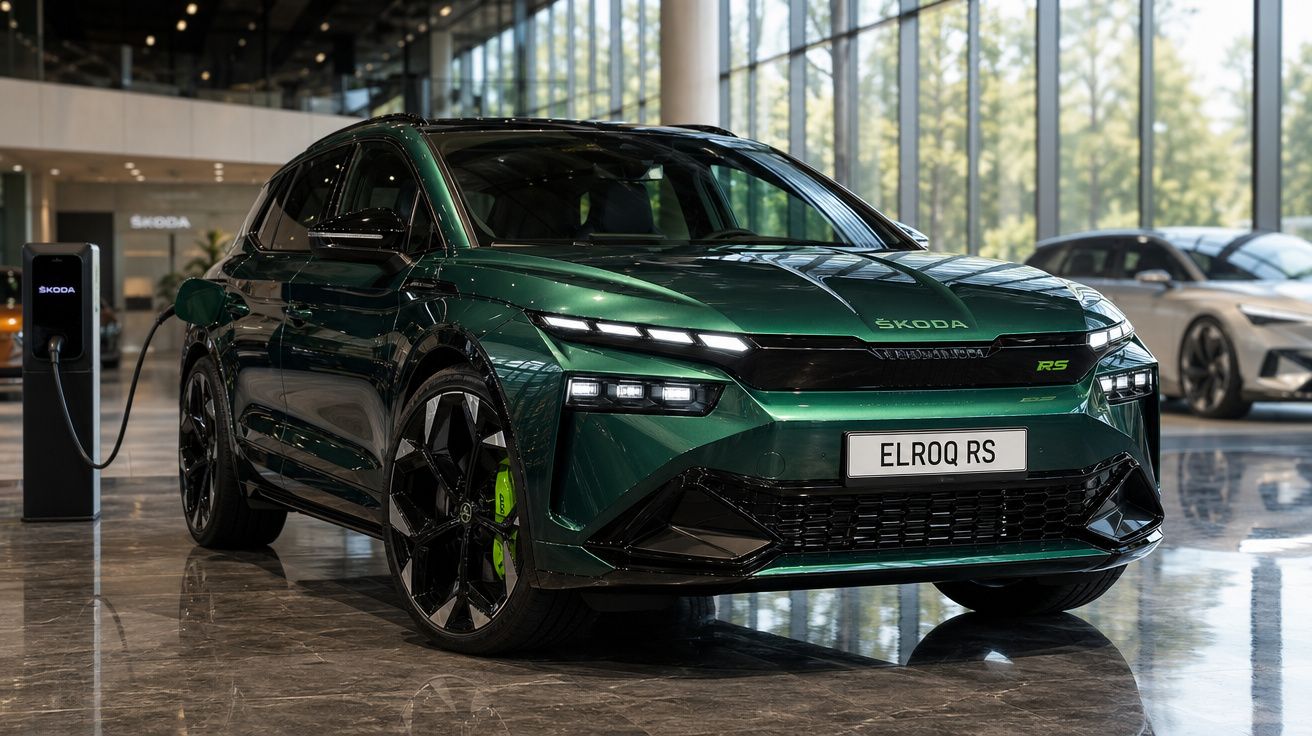 Carro elétrico Skoda Elroq RS verde a carregar numa estação dentro de showroom moderno.