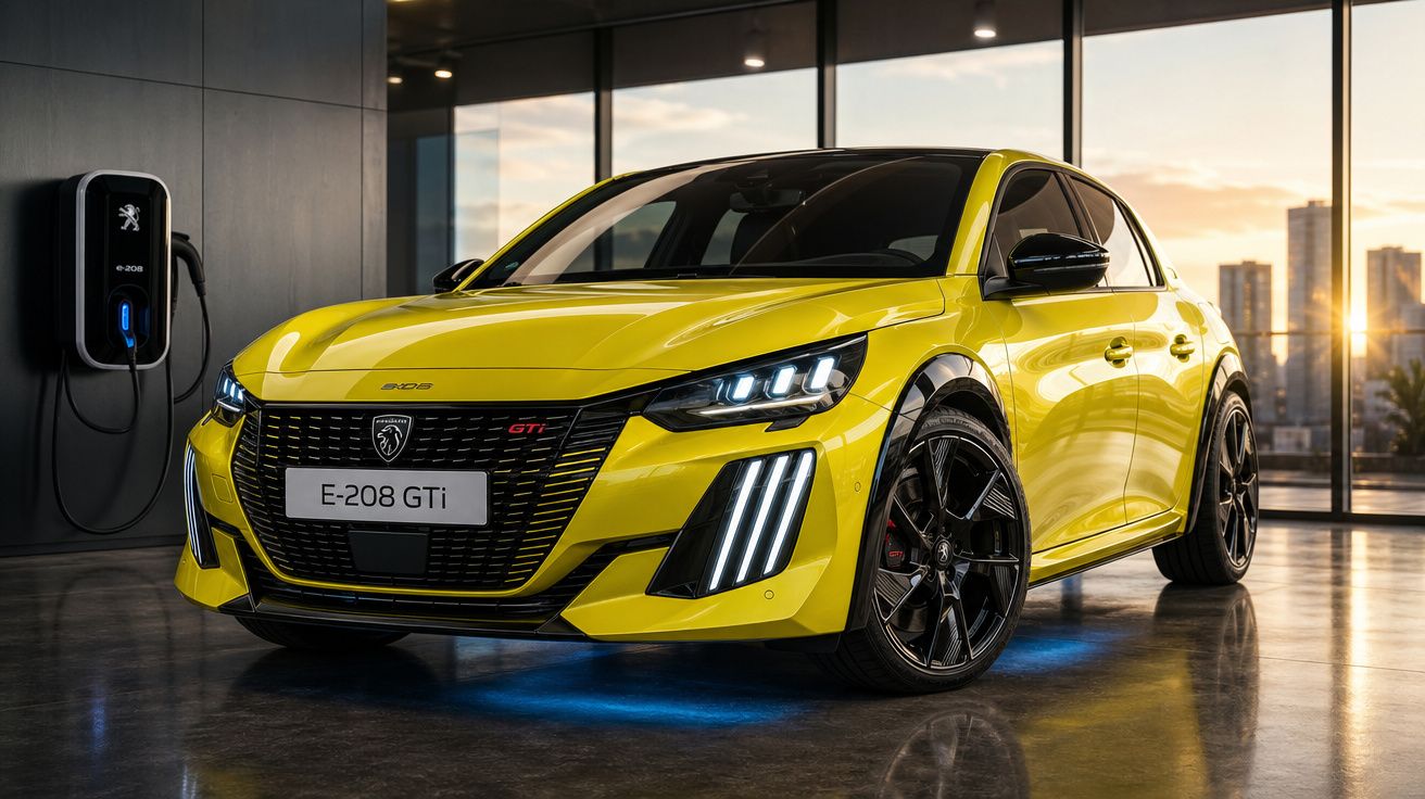 Peugeot E-208 GTi amarelo estacionado em garagem moderna com carregador elétrico na parede.