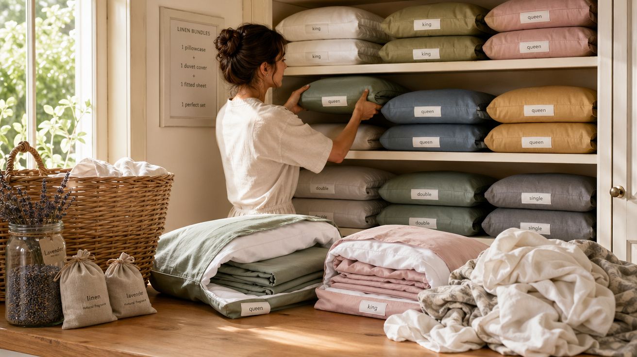 Mulher a organizar capas de edredão etiquetadas em prateleiras, ao lado de roupa de cama e cestos de linho.