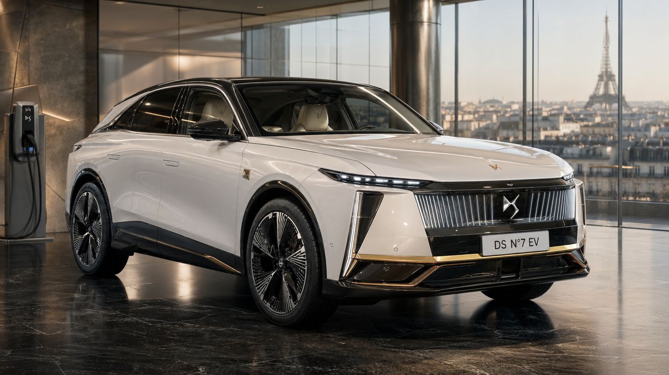 Carro elétrico DS N°7 EV branco num showroom com vista para a Torre Eiffel em Paris.