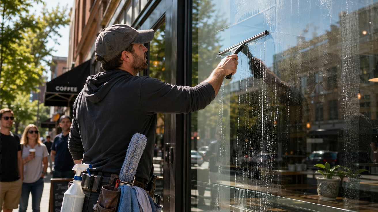 Homem a limpar janela de vidro de estabelecimento comercial com limpa-vidros e esfregona na cintura.