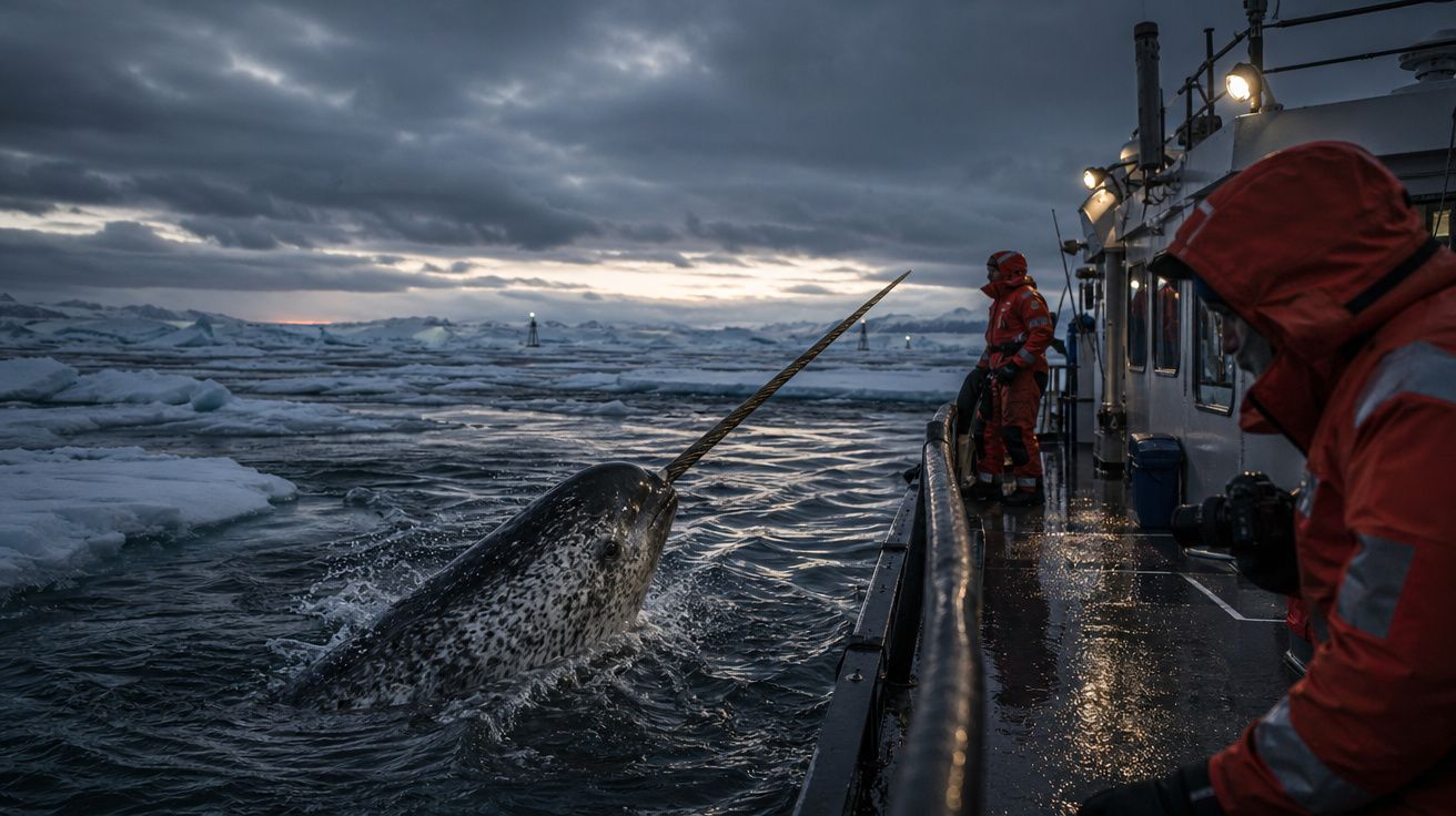 Narval a emergir do mar gelado junto a um barco com pessoas vestidas com fatos de proteção vermelhos.