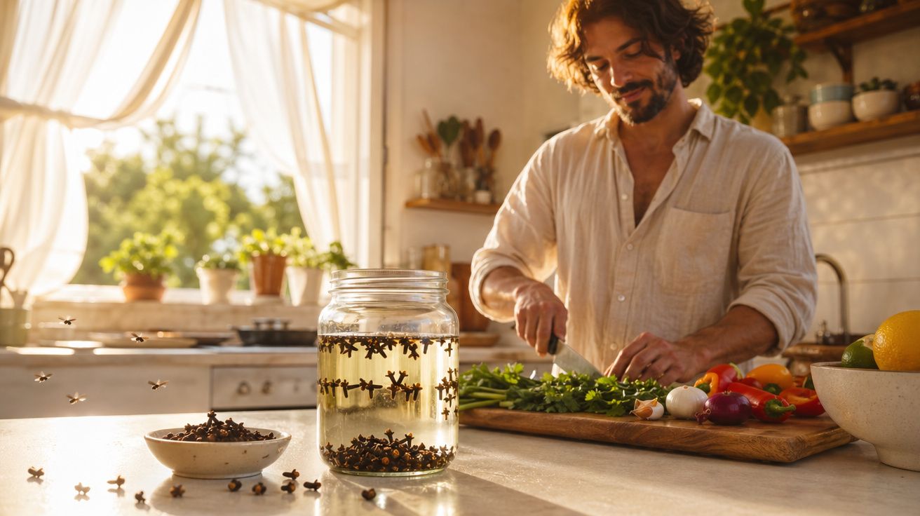 Homem a cortar ervas frescas numa cozinha junto a frasco com cravinhos e luz natural.