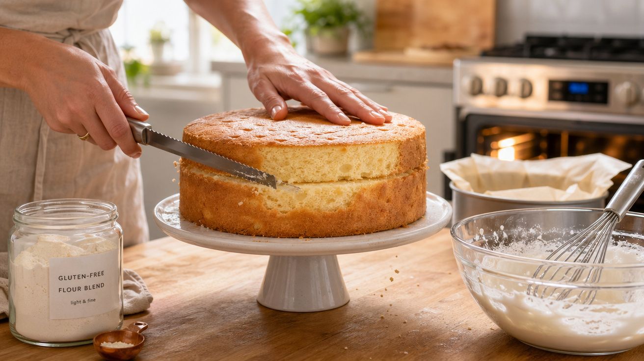 Pessoa a cortar um bolo redondo em duas camadas numa cozinha com farinha sem glúten visível.