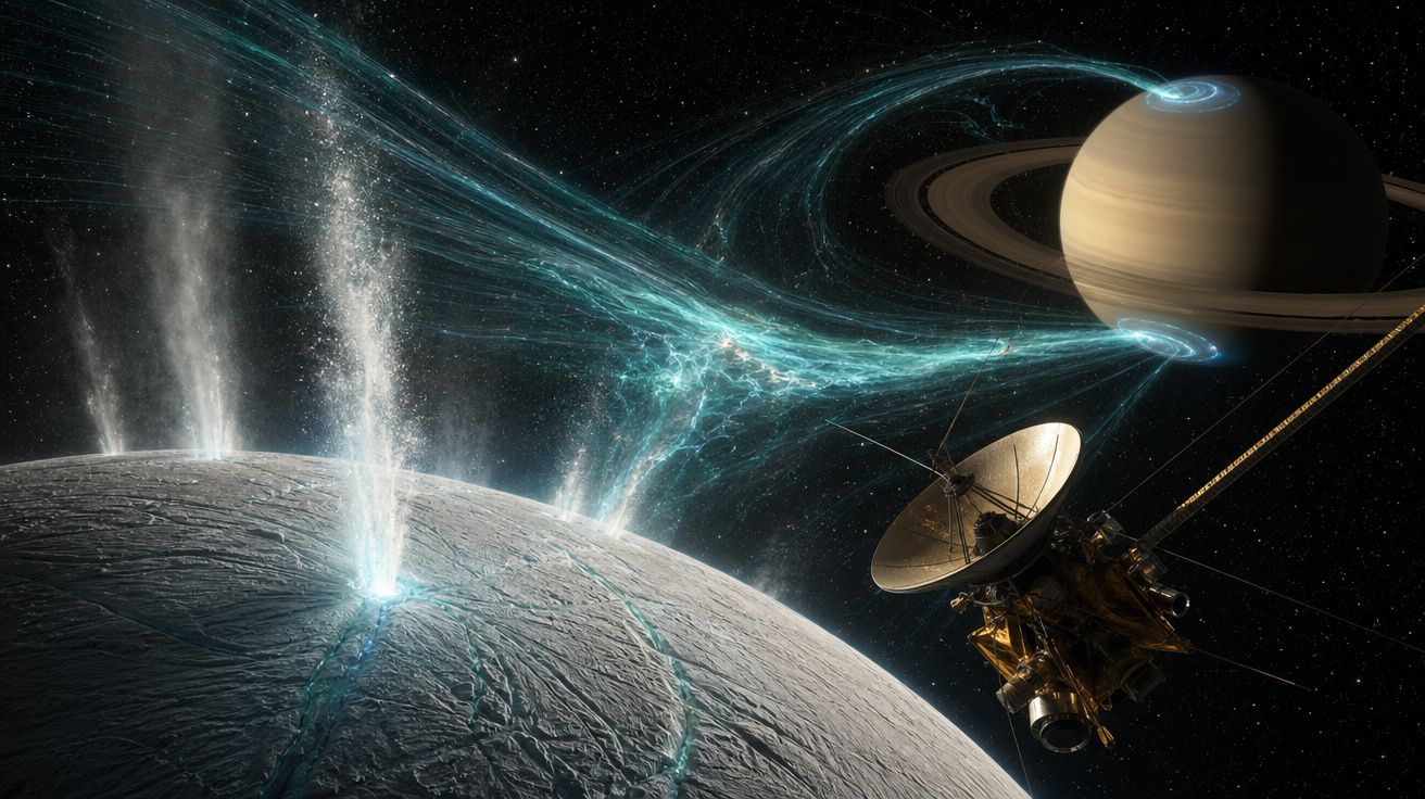 Sonda espacial perto de planeta com anéis, captando jatos de plasma que saem de uma lua gelada no espaço.