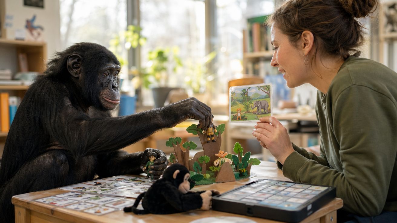 Bonobo e mulher a interagir com brinquedos educativos num ambiente interior iluminado.