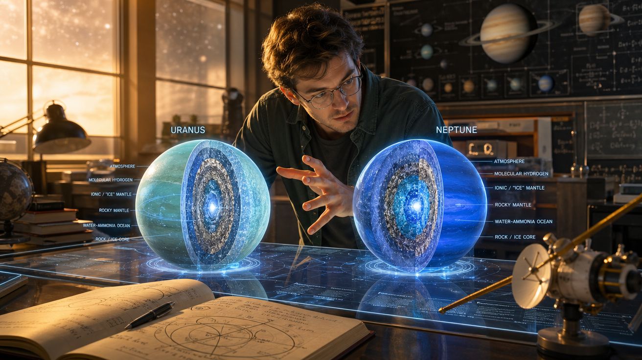 Homem a estudar hologramas interativos dos planetas Urano e Neptuno numa sala de aula com modelos astronómicos.