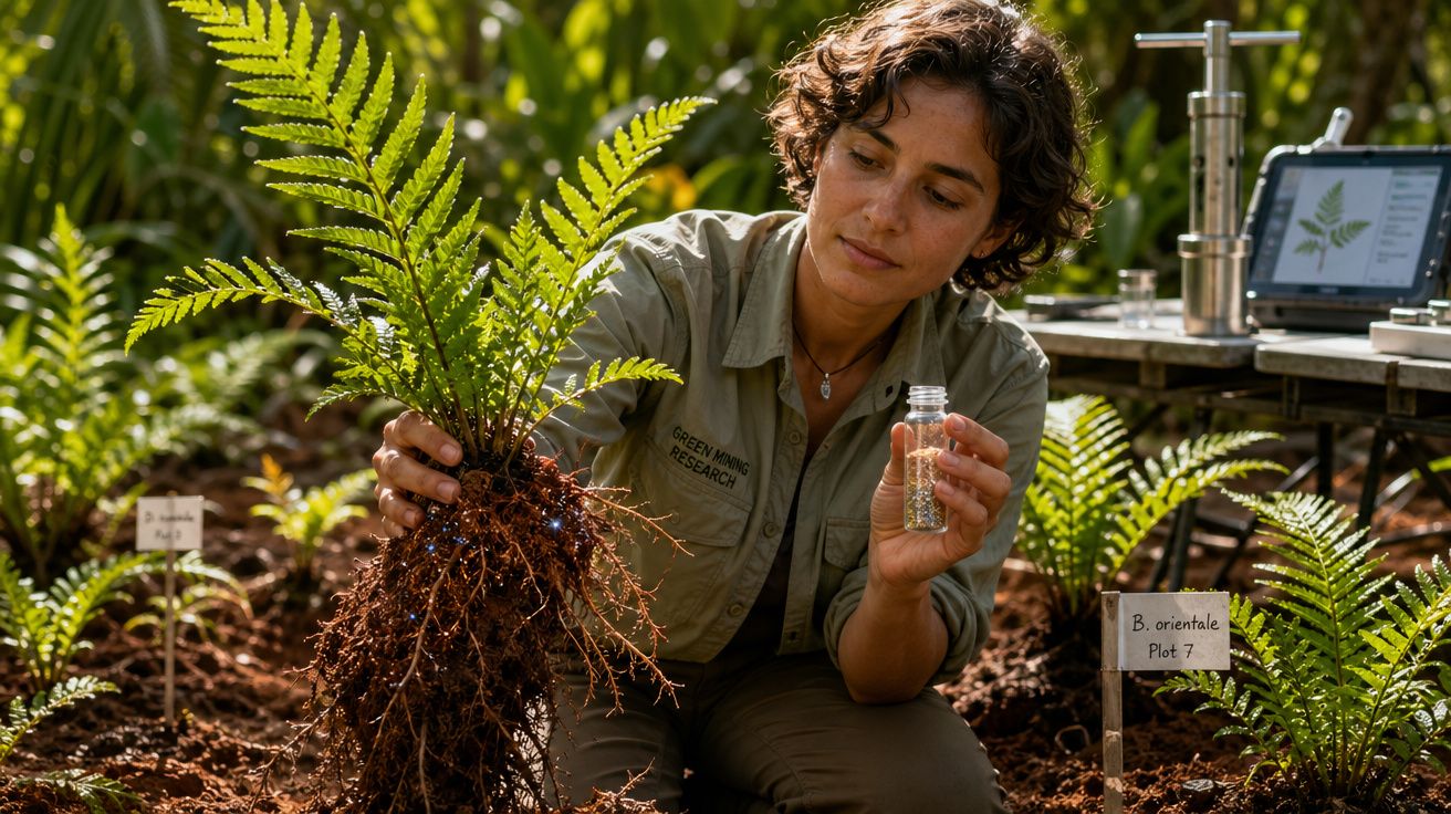 Mulher a estudar planta com raízes expostas num terreno, segurando frasco com sementes, ao ar livre.