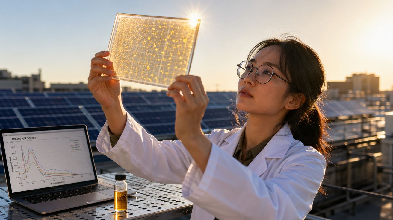 Cientista com bata branca analisa painel solar transparente ao pôr do sol num laboratório solar ao ar livre.