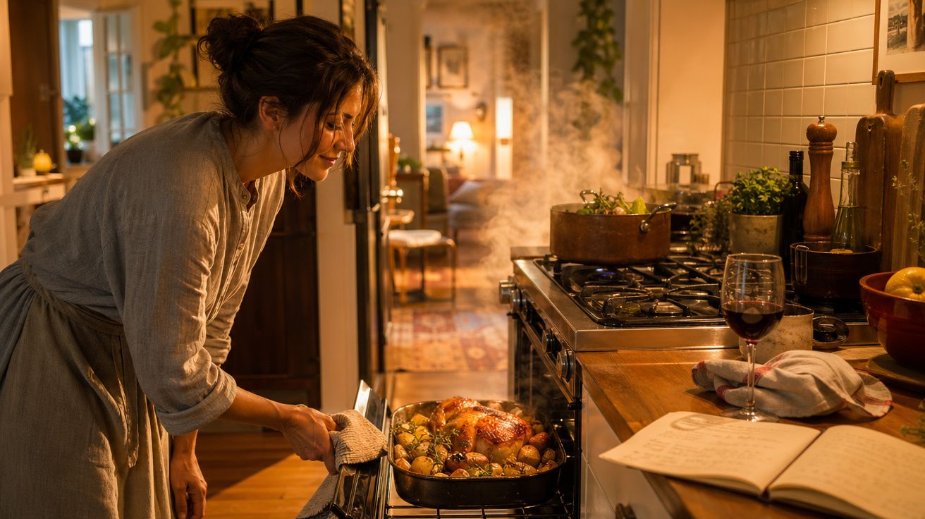 Mulher a retirar do forno um assado de frango com batatas numa cozinha acolhedora e iluminada.