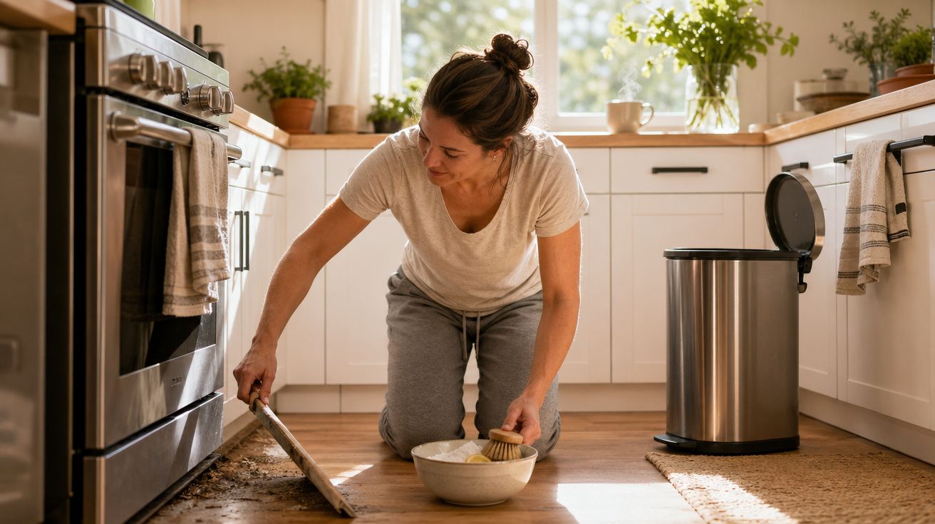 Mulher ajoelhada limpa sujidade do chão da cozinha usando uma pá e escova, ao lado de uma abertura de forno.
