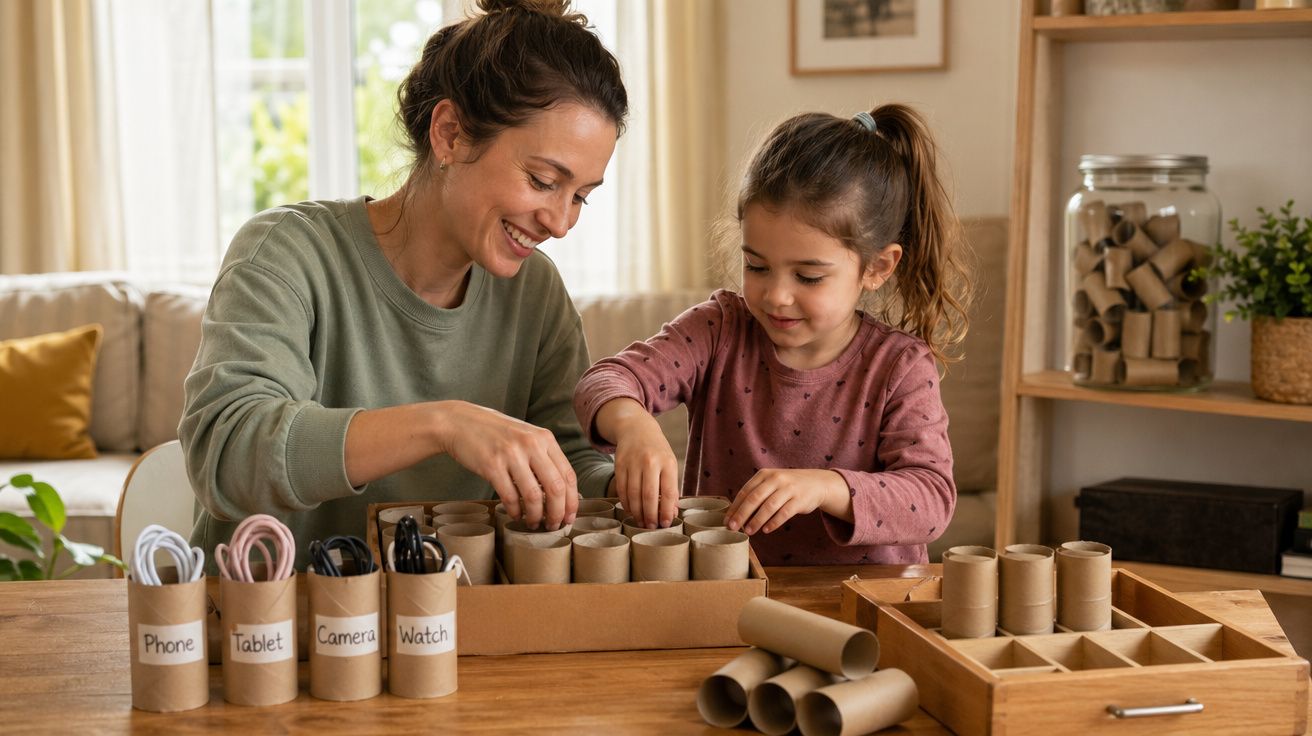 Mãe e filha organizam rolos de papel reutilizados em casa, numa atividade criativa e educativa juntos.