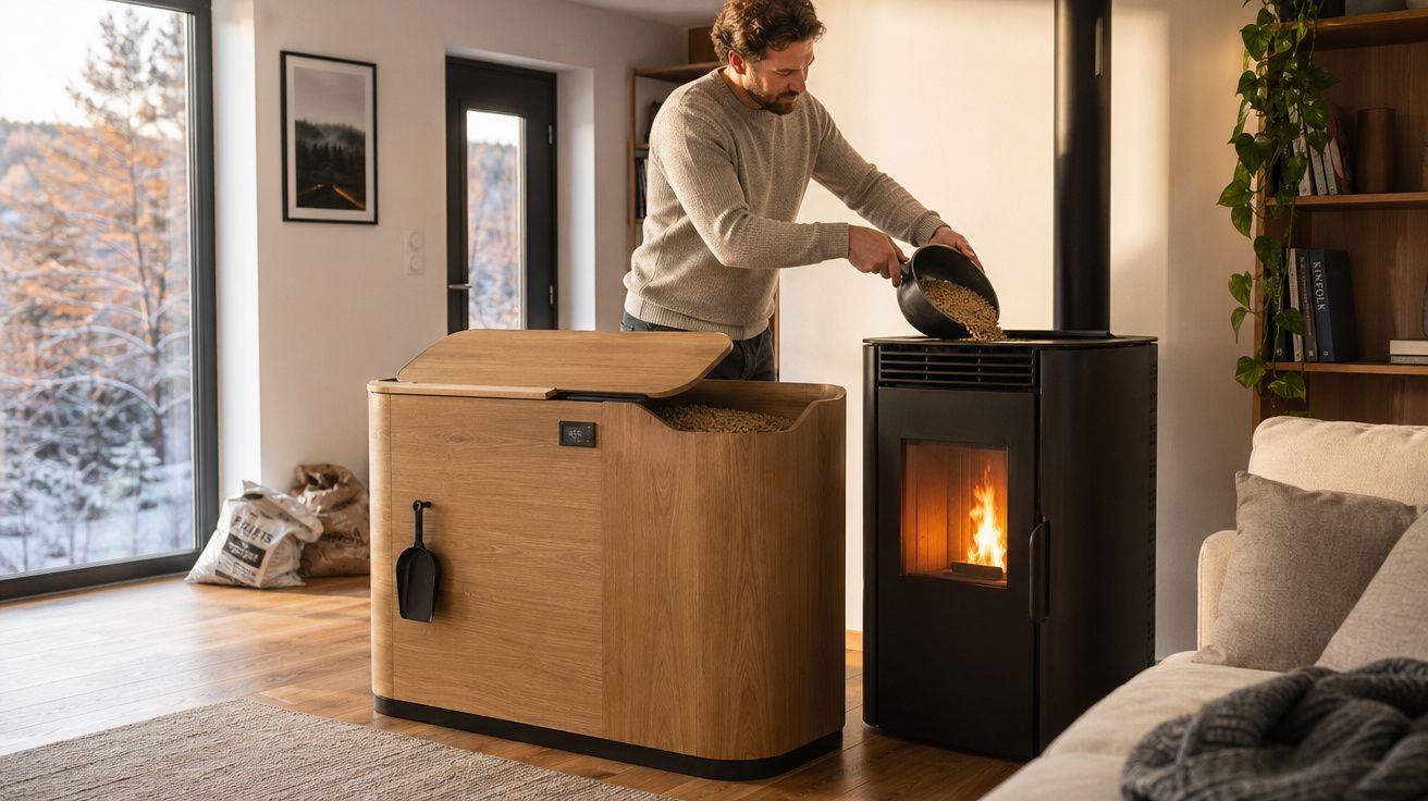 Homem a colocar pellets de madeira numa salamandra pellets numa sala moderna com vista para o exterior nevado.