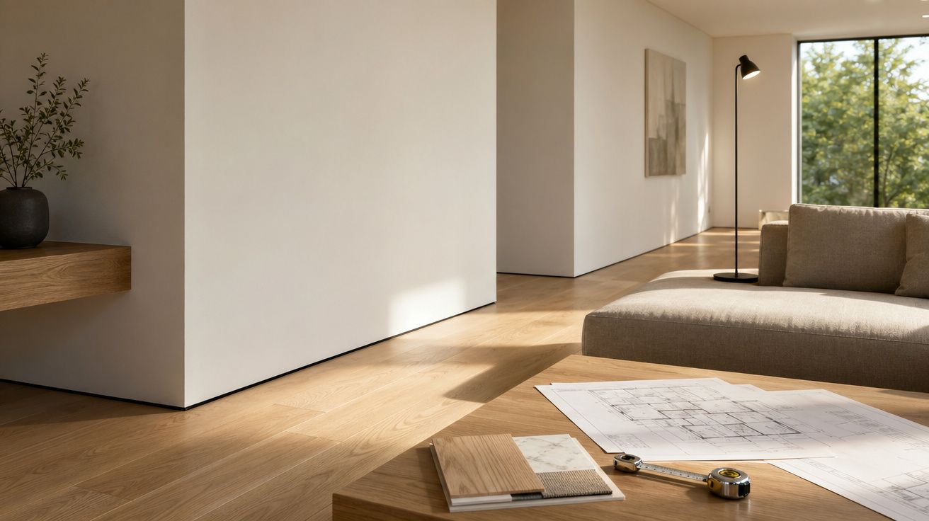 Sala de estar minimalista com sofá bege, planta, planta arquitetónica e régua de medição numa mesa de madeira.