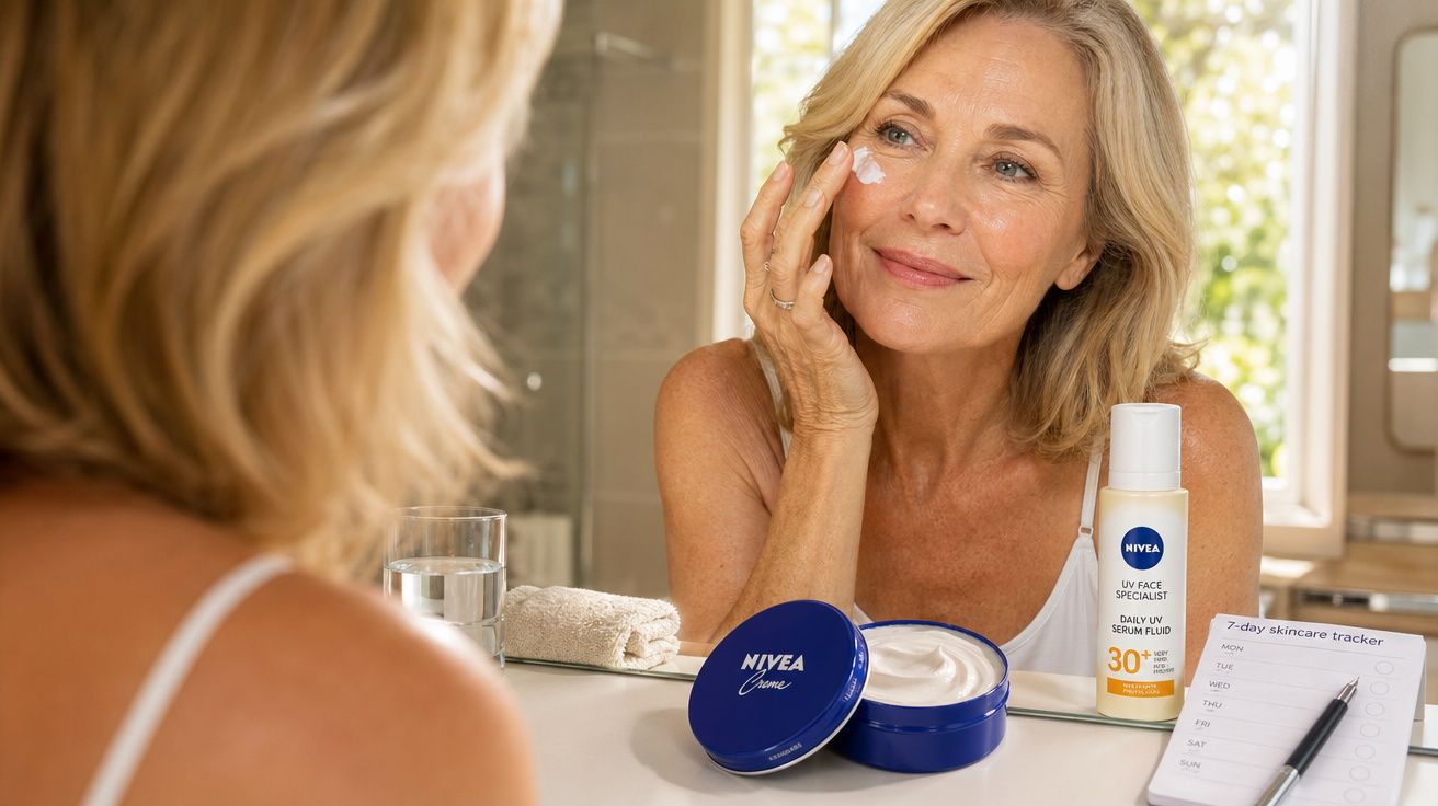 Mulher madura aplica creme facial Nivea à frente do espelho numa casa de banho iluminada.