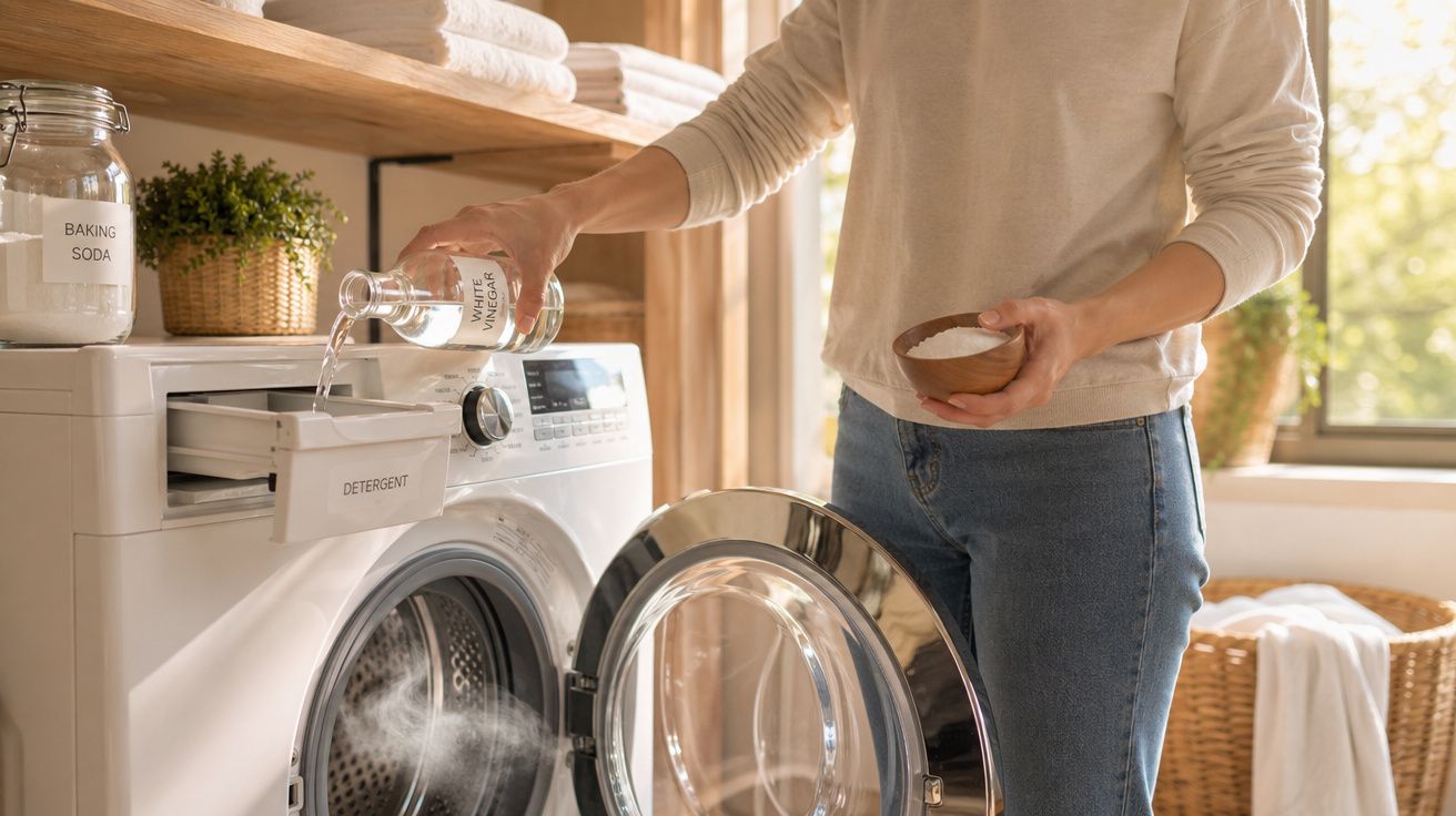 Pessoa a usar vinagre branco e bicarbonato de sódio na máquina de lavar roupas numa lavandaria doméstica.