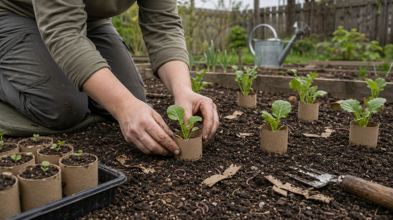 Pessoa a transplantar plantas jovens para o solo num jardim, rodeada por regador e pequenas mudas.