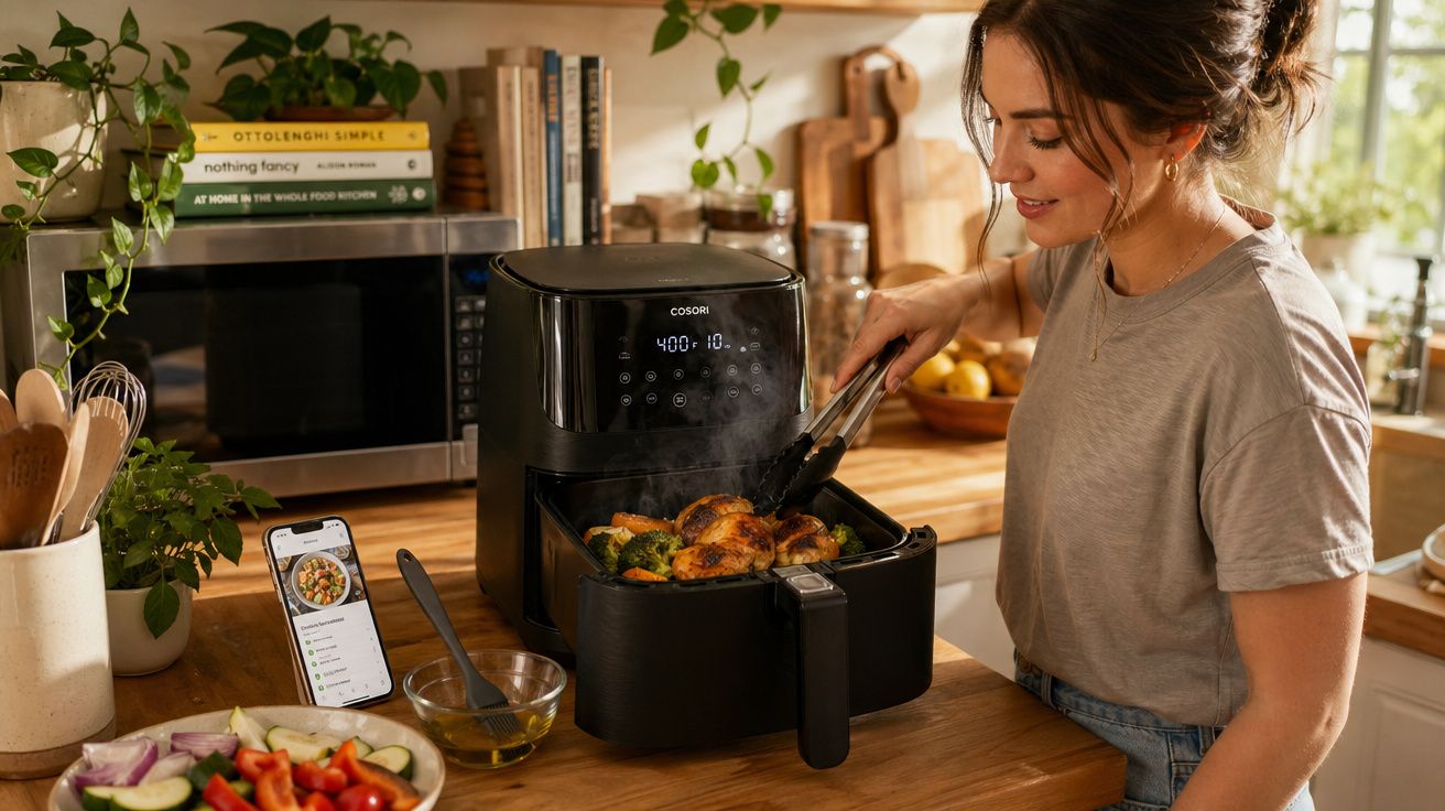 Mulher a cozinhar frango e legumes numa fritadeira sem óleo numa cozinha moderna e iluminada.