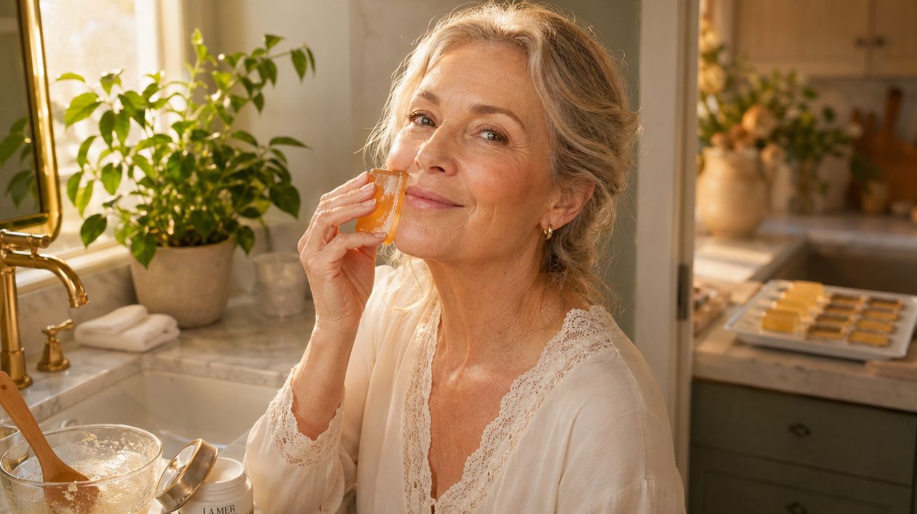 Mulher madura a aplicar cuidado facial num ambiente de cozinha com plantas e bolachas ao fundo.