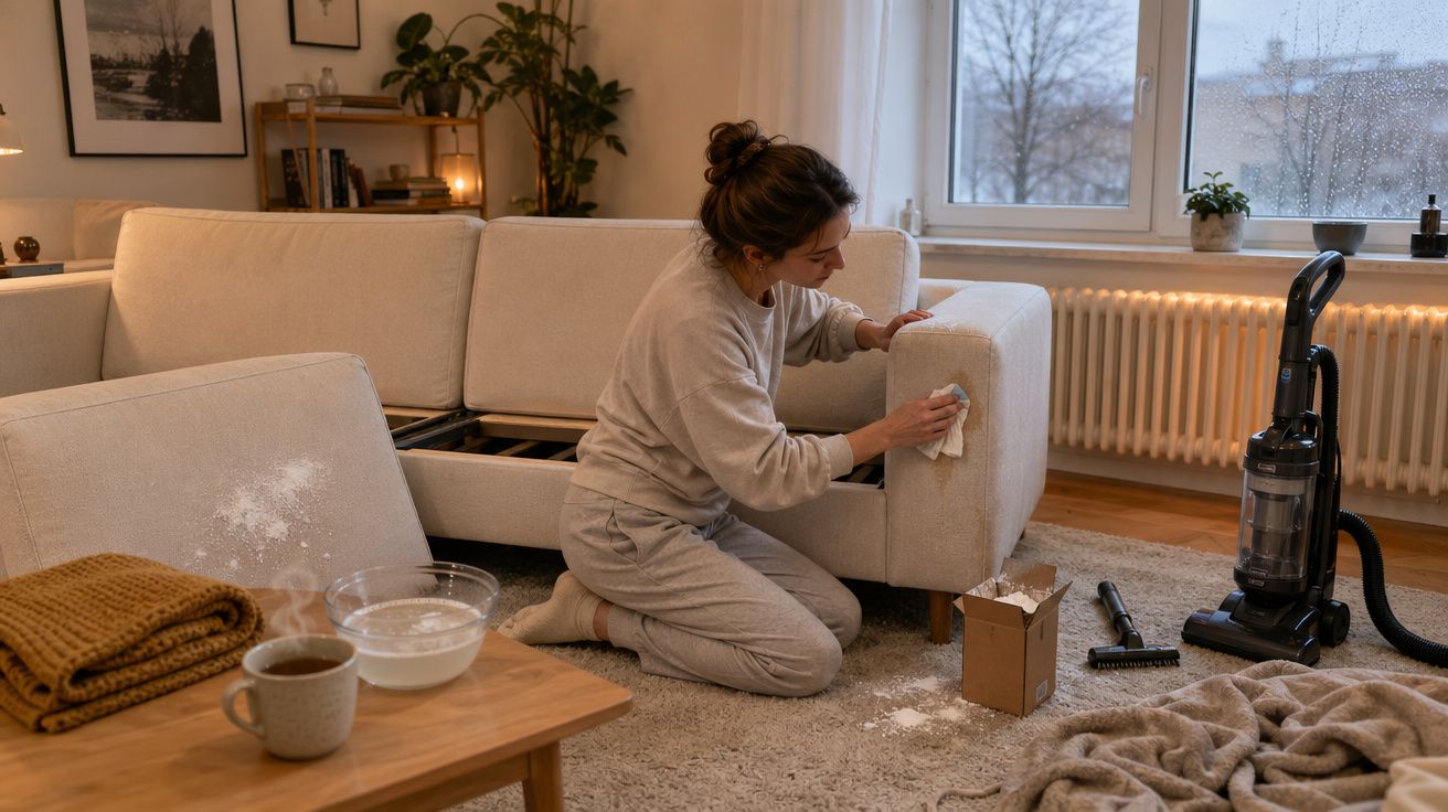 Mulher limpa sofá com pano num ambiente acolhedor, com aspirador e artigos para limpeza no chão.