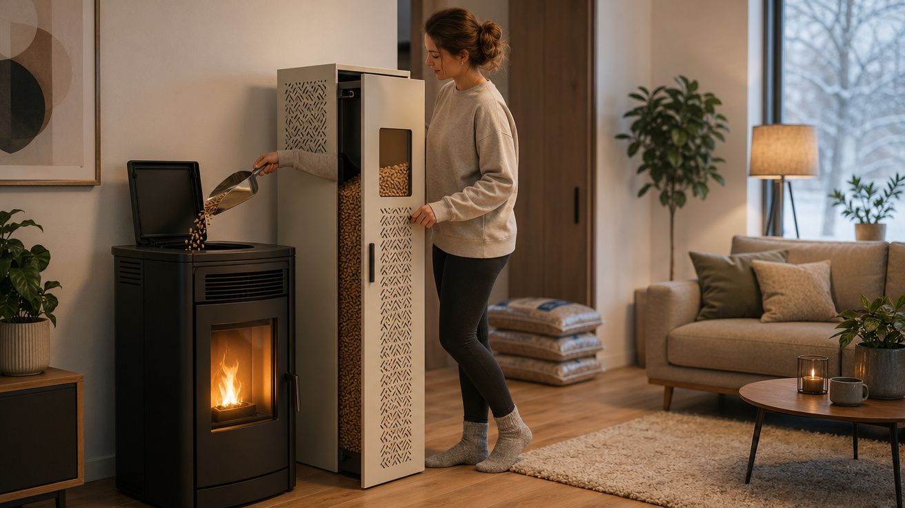 Mulher a abastecer salamandra com pellets num ambiente acolhedor de sala de estar com decoração moderna.