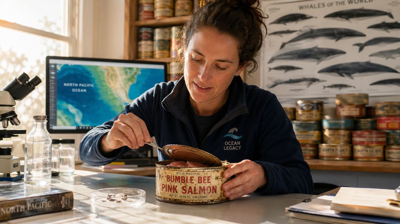 Mulher abre uma lata de salmão cor-de-rosa com ambiente marinho e científico ao fundo.