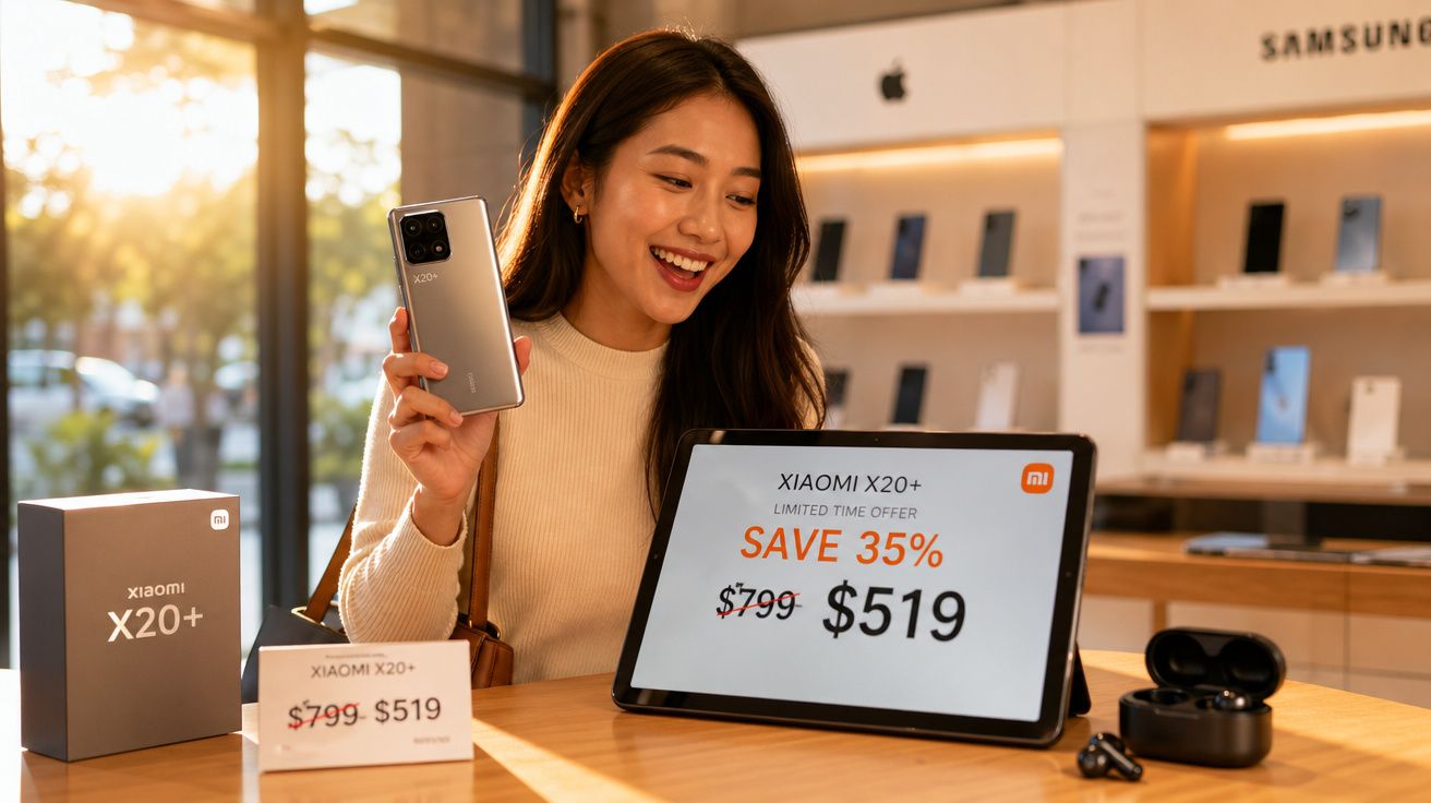 Mulher em loja de tecnologia segura smartphone Xiaomi X20+ ao lado de tablet com promoção de desconto.