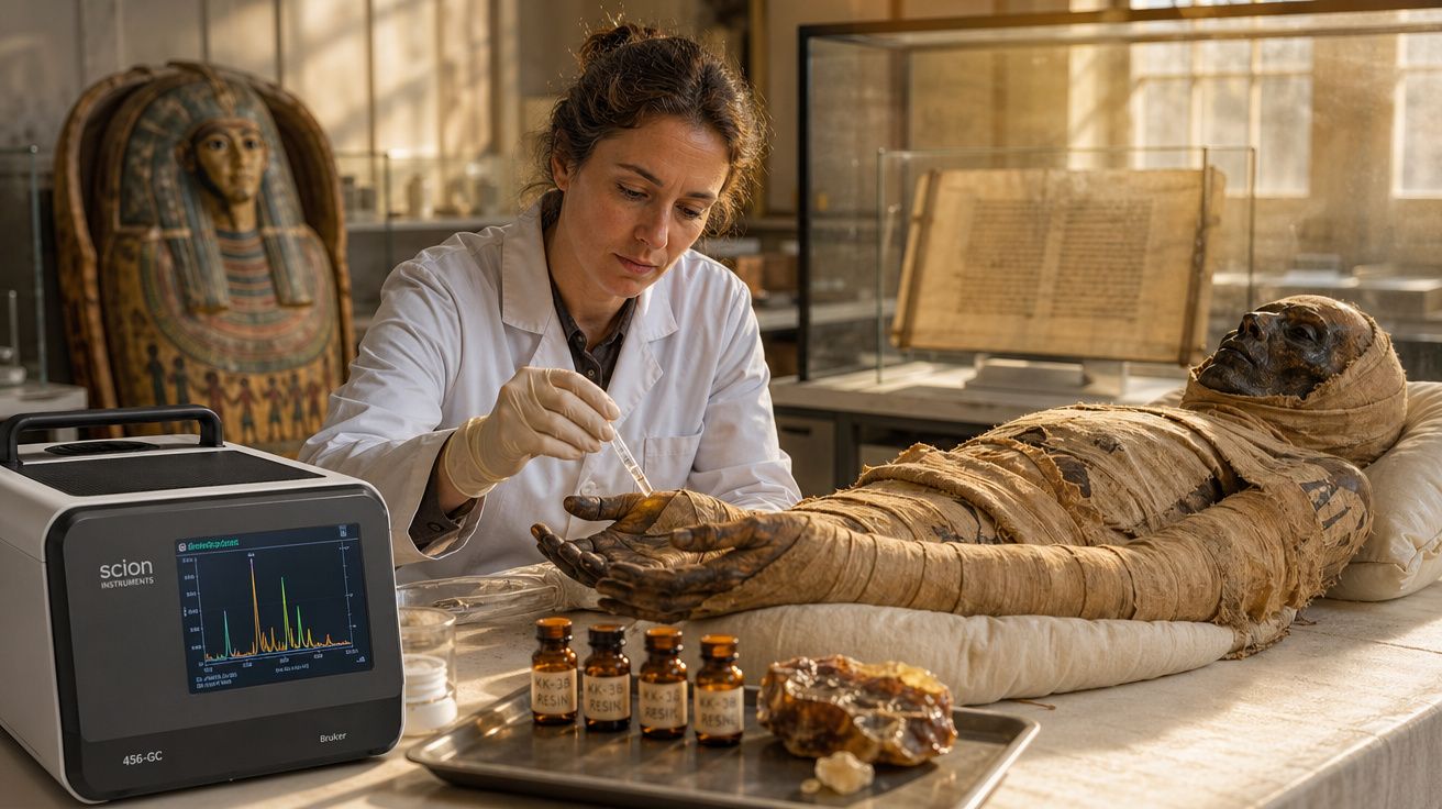 Investigadora em laboratório aplica substância em múmia egípcia para análise científica detalhada.