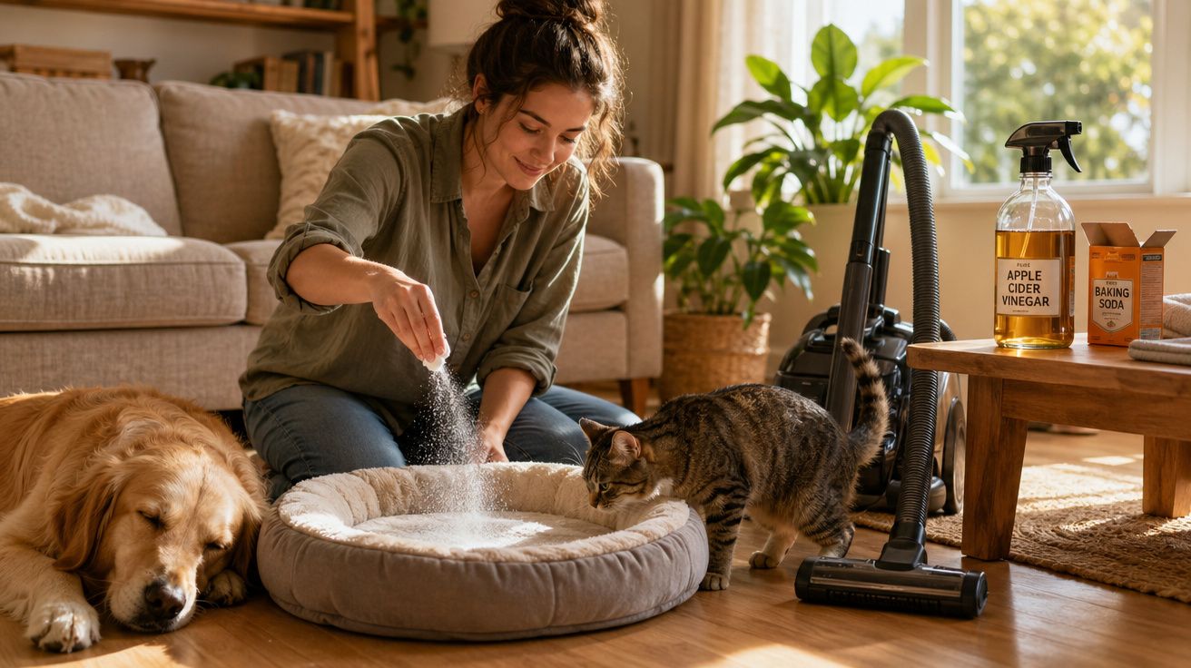 Mulher a limpar a cama do gato com pó de limpeza, gato e cão descansam na sala acolhedora.