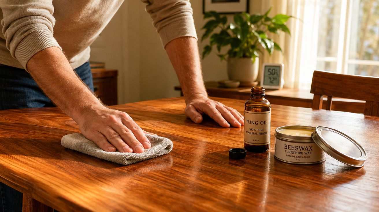 Pessoa a limpar e restaurar uma mesa de madeira com óleo de tungue e cera de abelha.