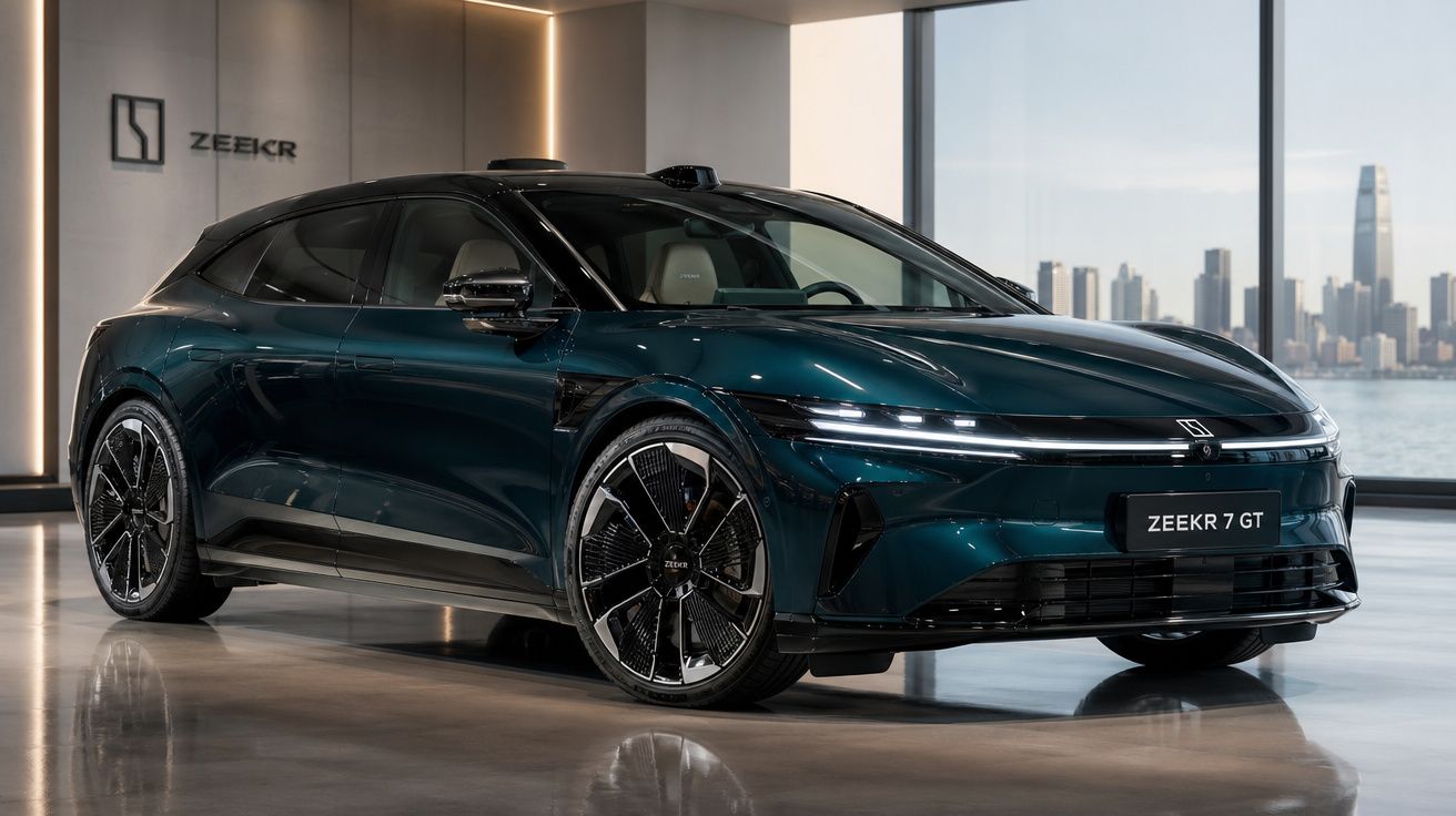 Carro elétrico Zeekr 7 GT azul escuro estacionado num showroom moderno com vista para a cidade.