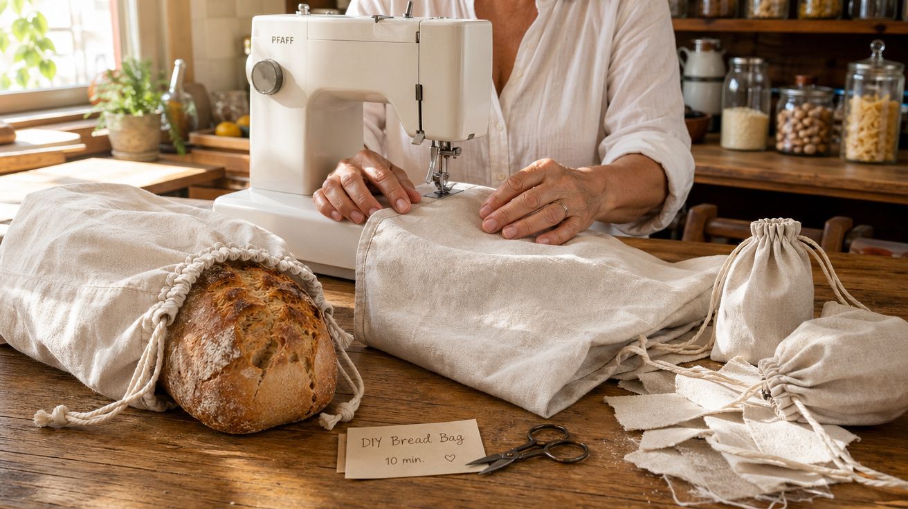 Pessoa a coser sacos de tecido para pão numa máquina de costura numa cozinha acolhedora e iluminada.
