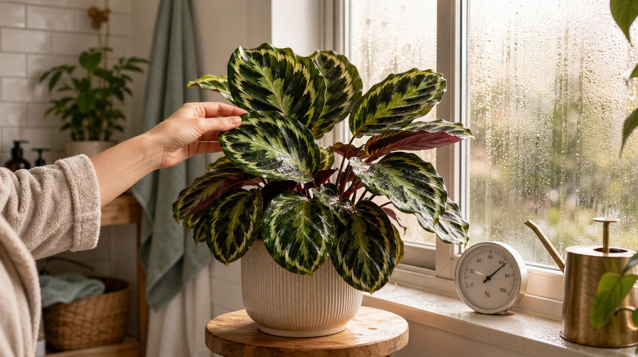 Mão a tocar planta em vaso branco sobre mesa ao lado de janela com gotas de água e higrómetro em dia chuvoso.
